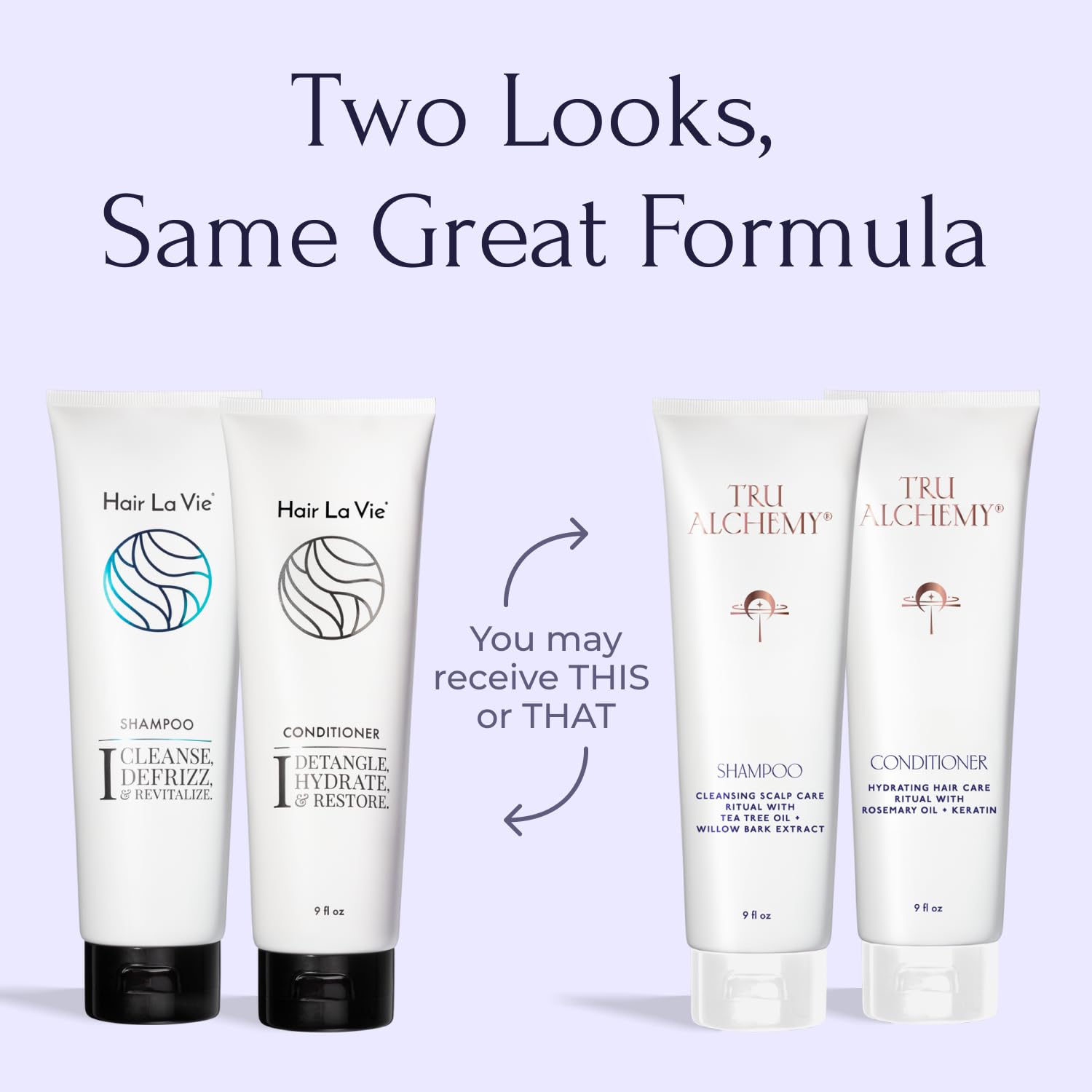Duo shampooing et après-shampooing Tru Alchemy prêt pour une routine pratique.