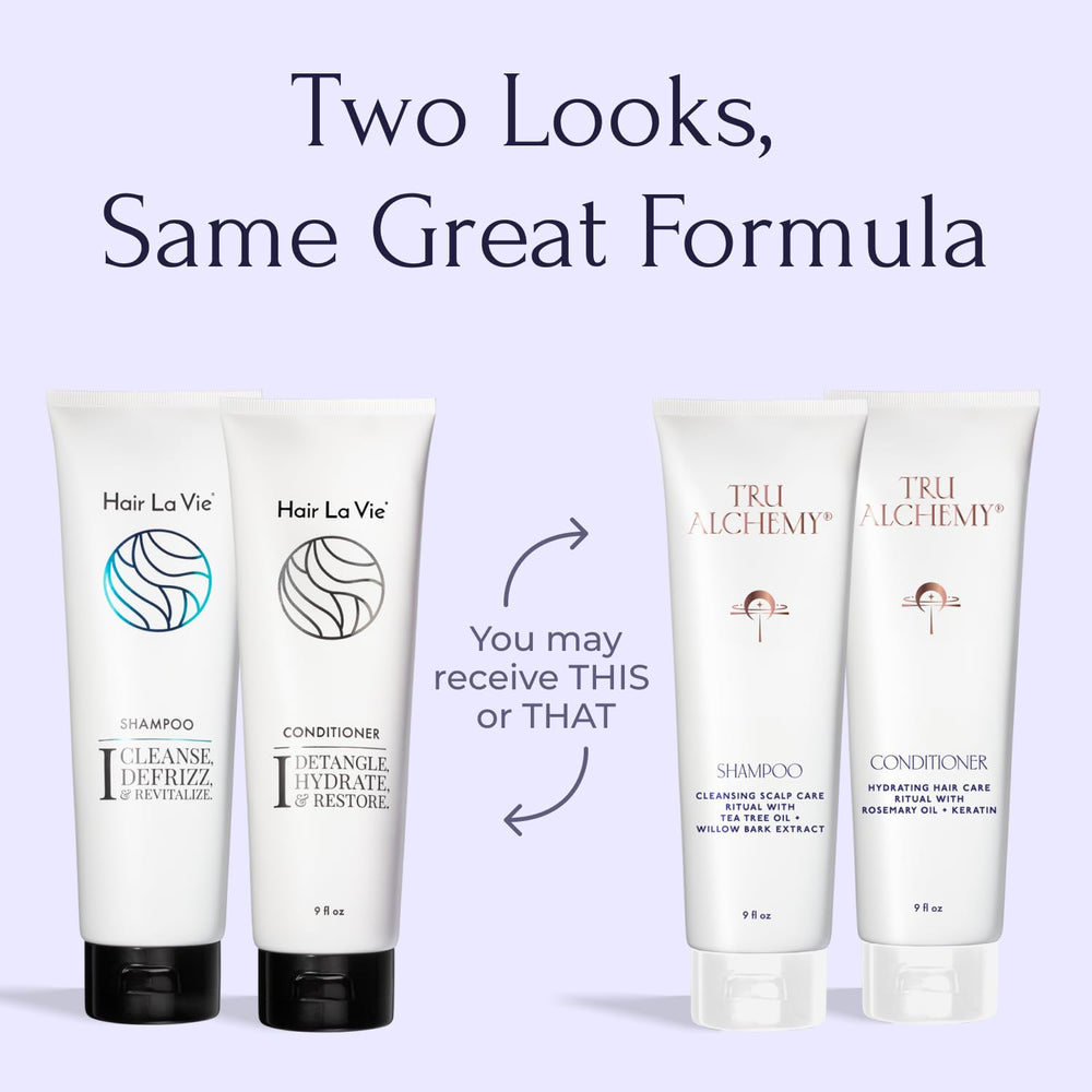 Duo shampooing et après-shampooing Tru Alchemy prêt pour une routine pratique.