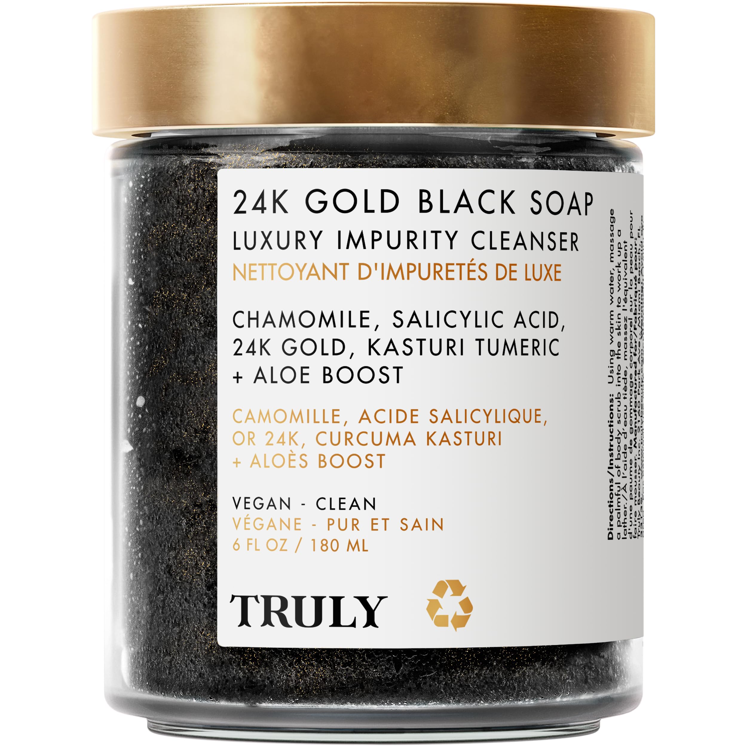 Truly Savon Noir 24K Or Beurre Luxe sur flacon élégant, prêt pour votre routine.