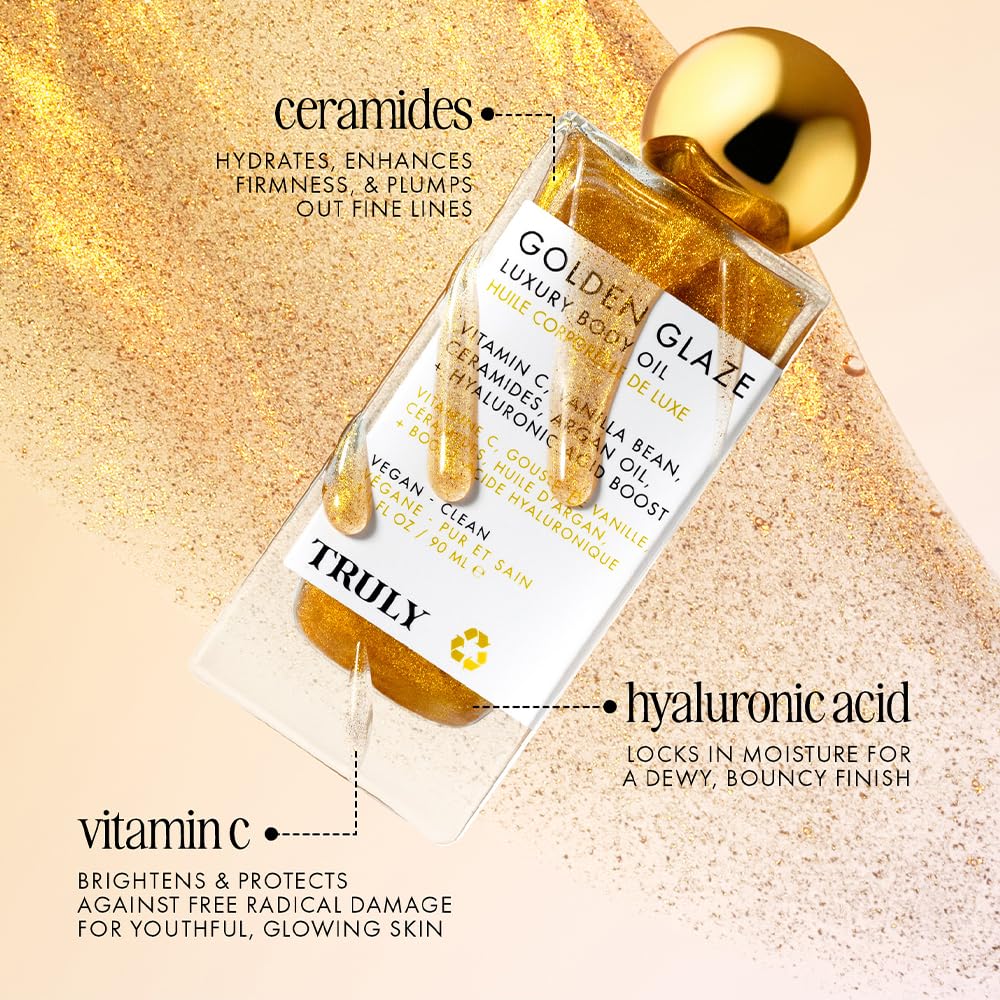 Truly lueur dorée huile corps : hyaluronique pour peau plus lisse.