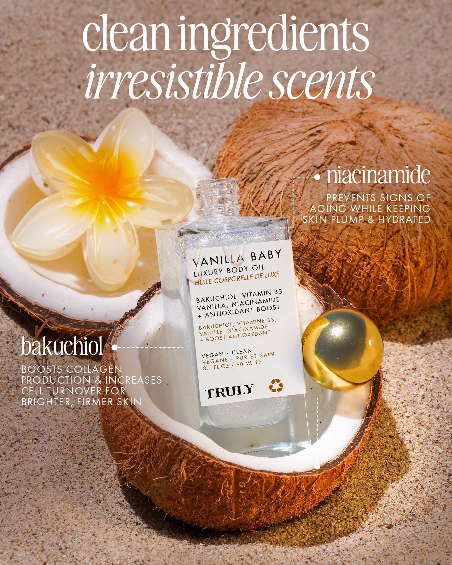 Texture nourrissante de l huile Truly Vanilla Baby pour peau douce.