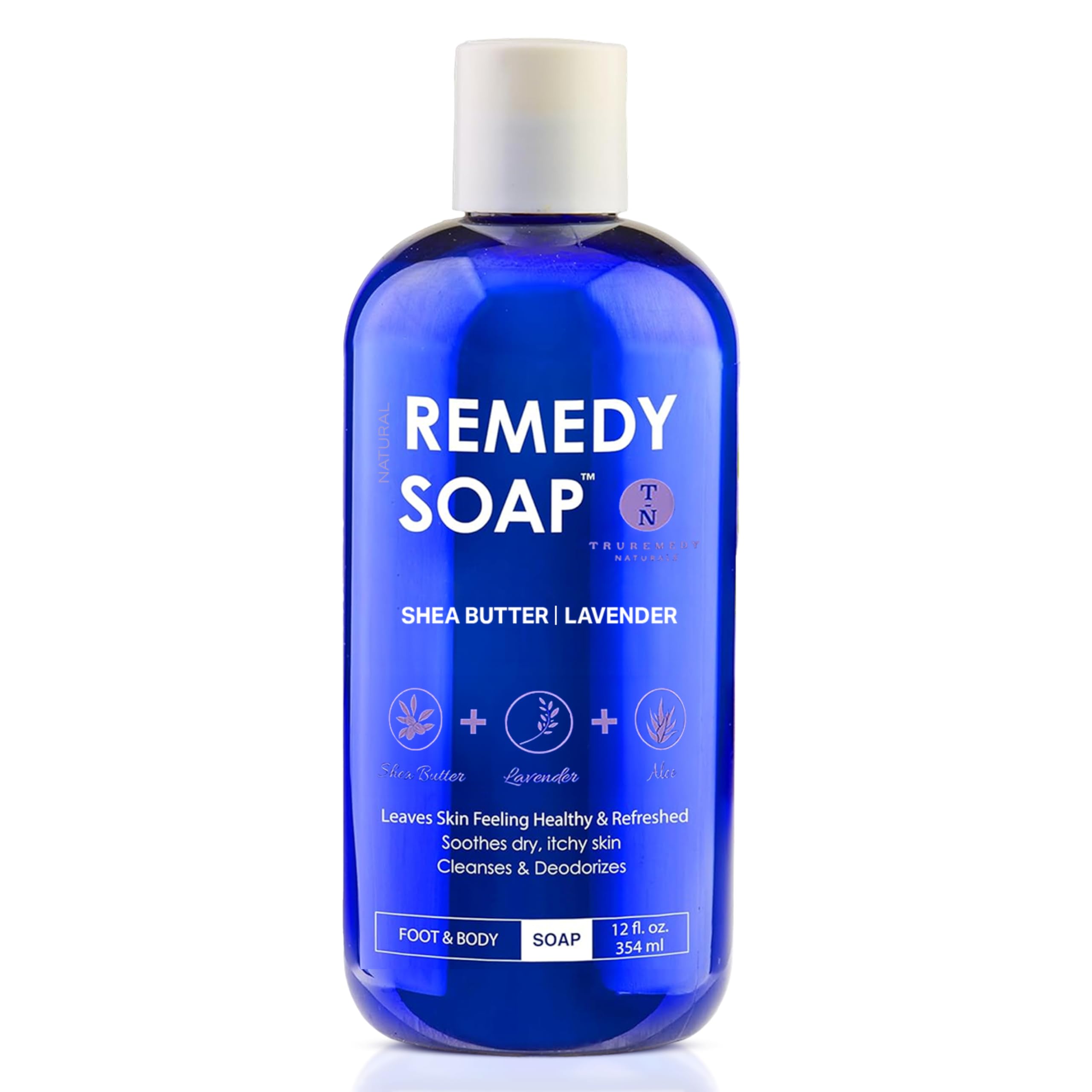 Truremedy Naturals lavender body wash bottle highlights rich hydration for dry skin