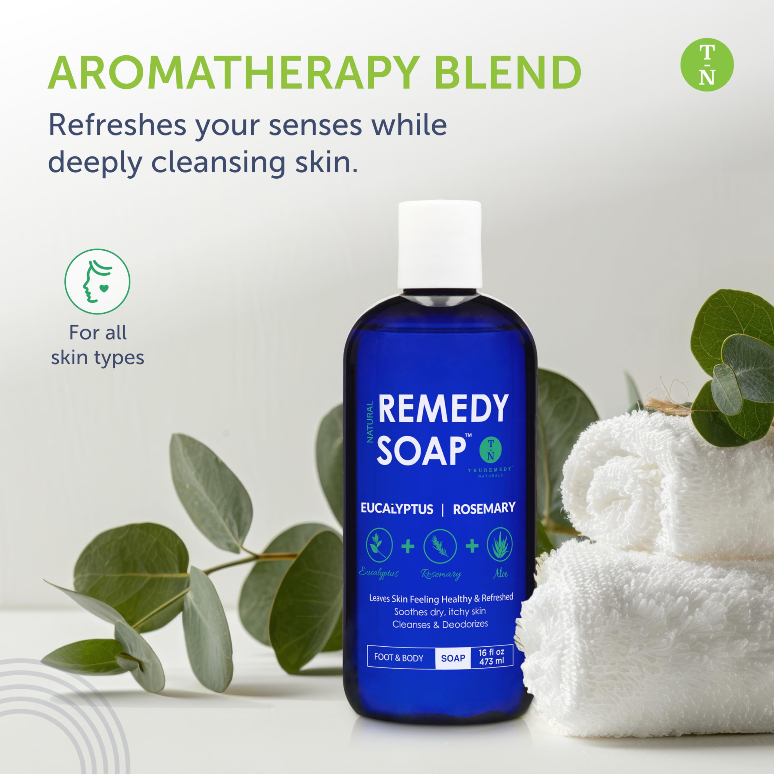 Truremedy Naturals mousse-douche eucalyptus-rosmarin, nettoyage doux et revitalisant.