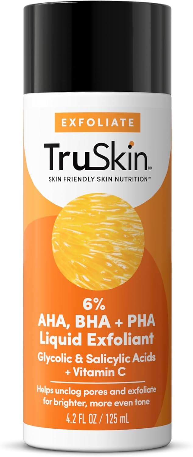 TruSkin BHA liquid exfoliant bottle with pump for gentle exfoliation and brighter skin.