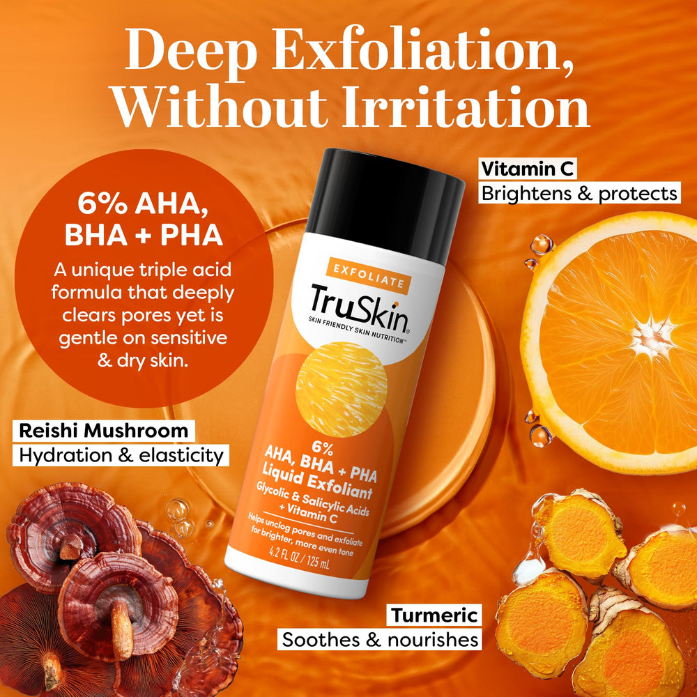 TruSkin BHA exfoliant close-up highlights Vitamin C and Turmeric for brightness.
