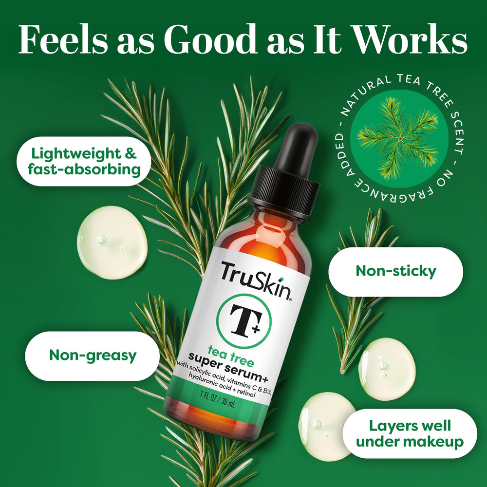 TruSkin sérum arbre-a-te emballage; présentation soignée et utilisation aisée.