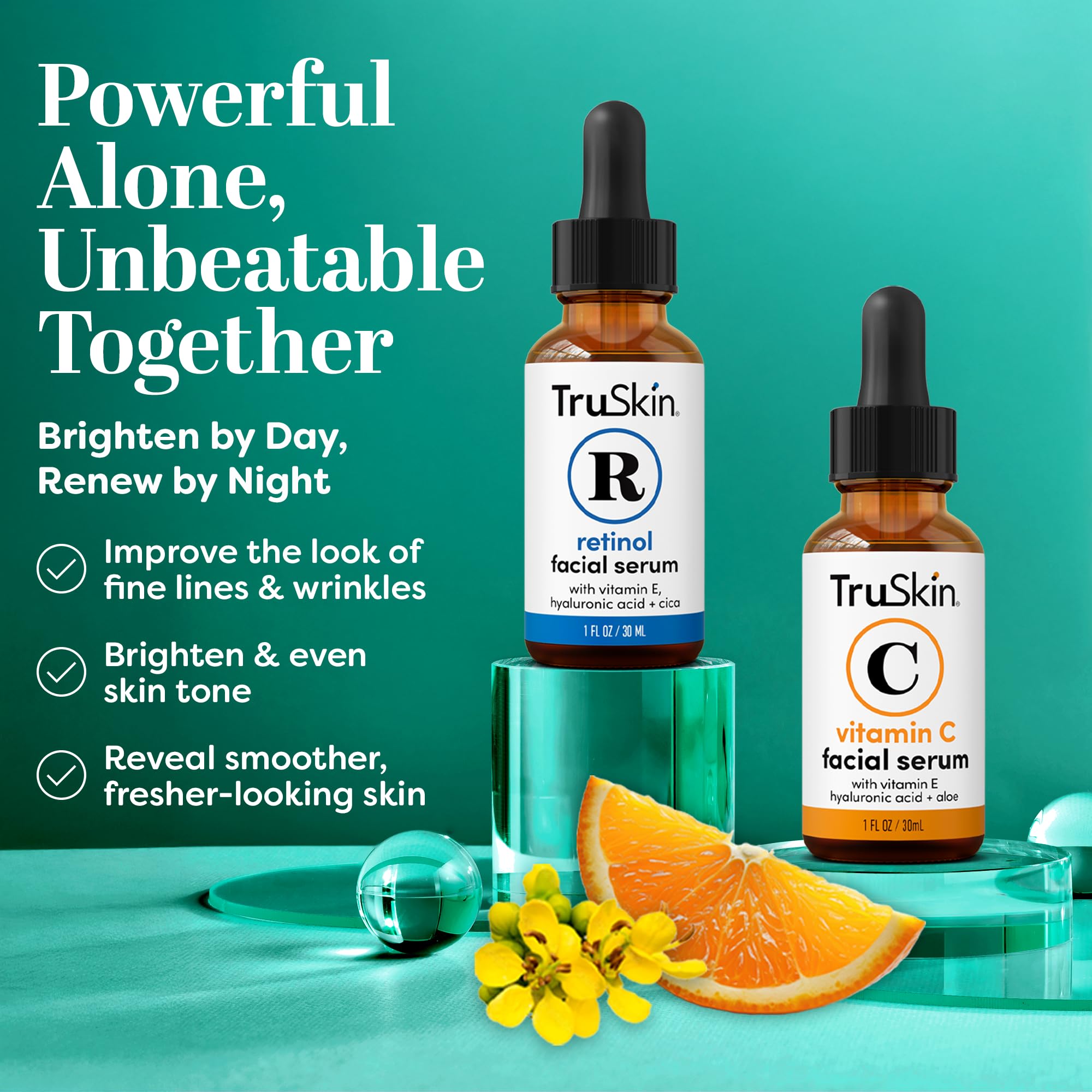 TruSkin vitamine C – goutte sur peau, luminosité et uniformité possibles.