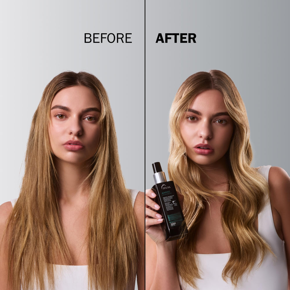 TRUSS Amino Heat Protectant – image avant-après cheveux, brillance et douceur.