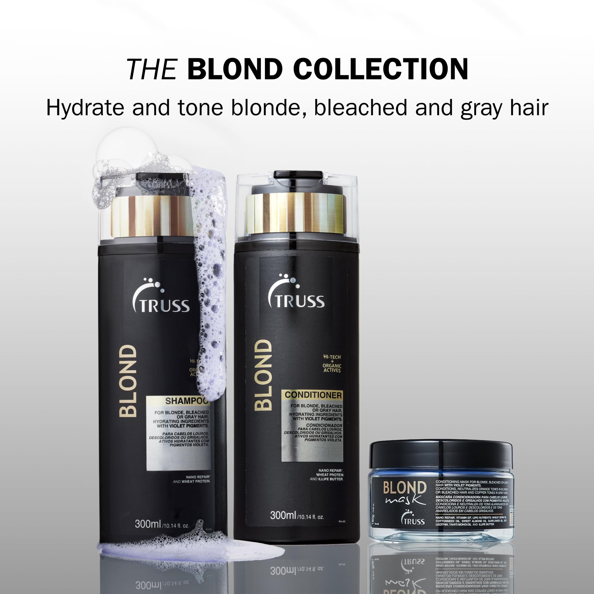 TRUSS Blond Conditionneur violet, illustration d’application hydratante pour cheveux blonds.