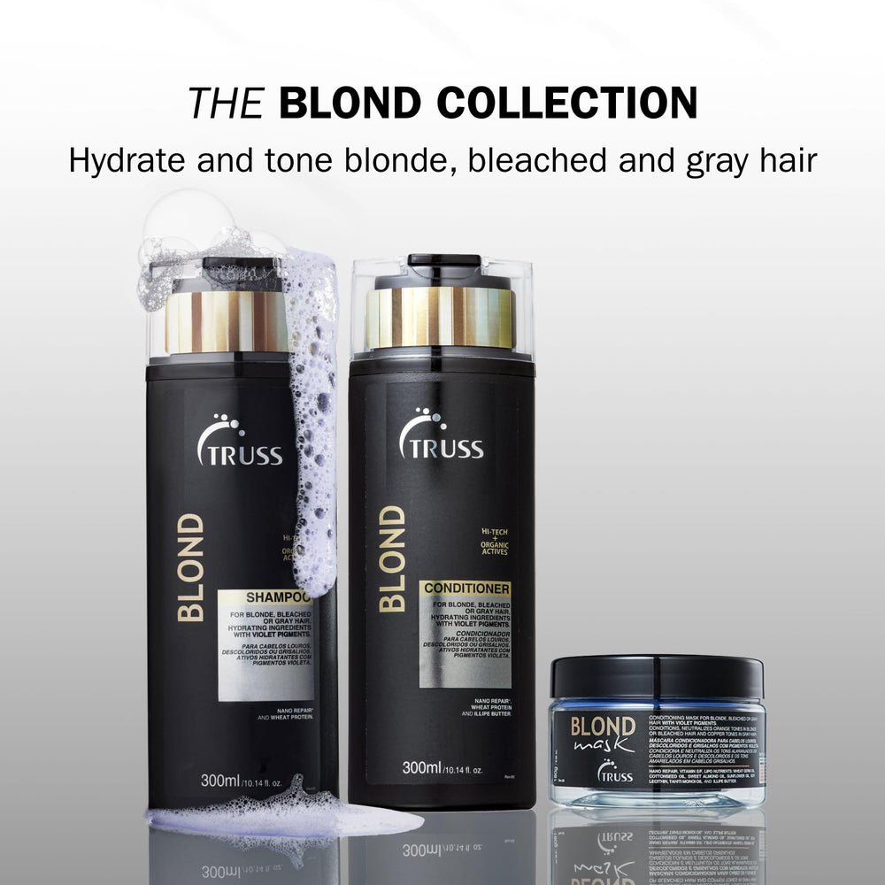 TRUSS Blond Conditionneur violet, illustration d’application hydratante pour cheveux blonds.