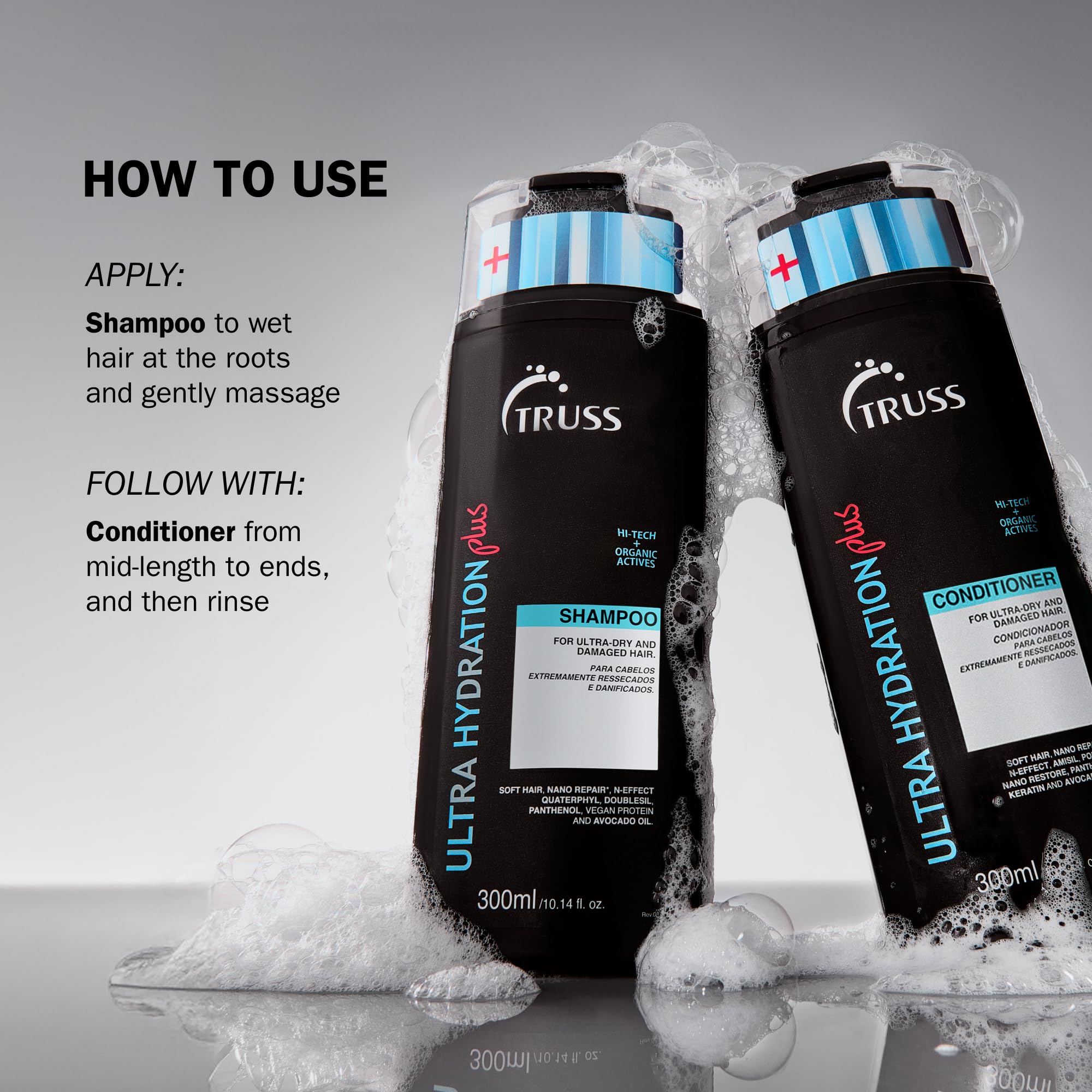 TRUSS Ultra Hydration Plus – gros plan sur bouteille : concentration active pour réhydrater les fibres capillaires