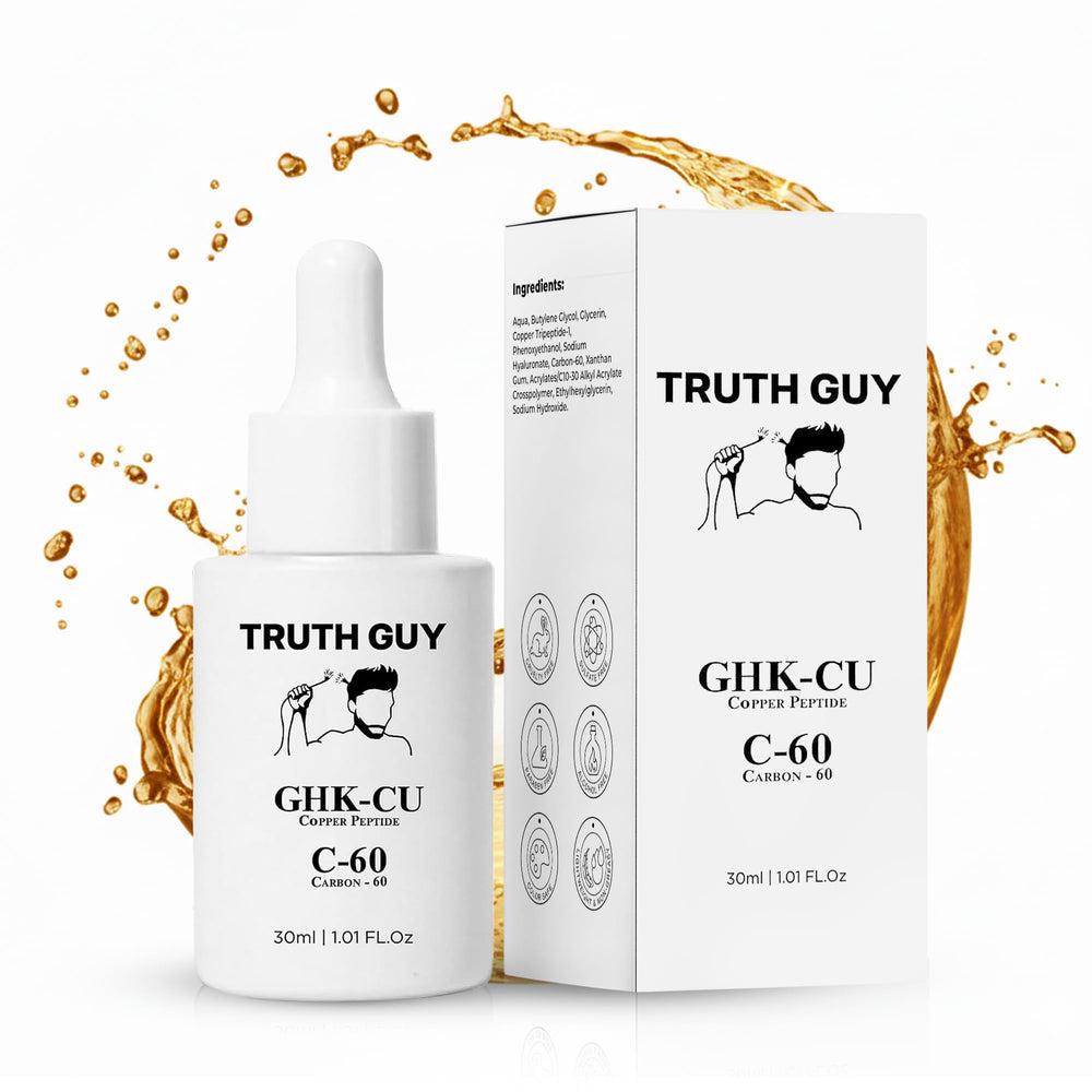 Truth Guy sérum bouteille-cuivre Carbon-60, revitalise cheveux et peau.
