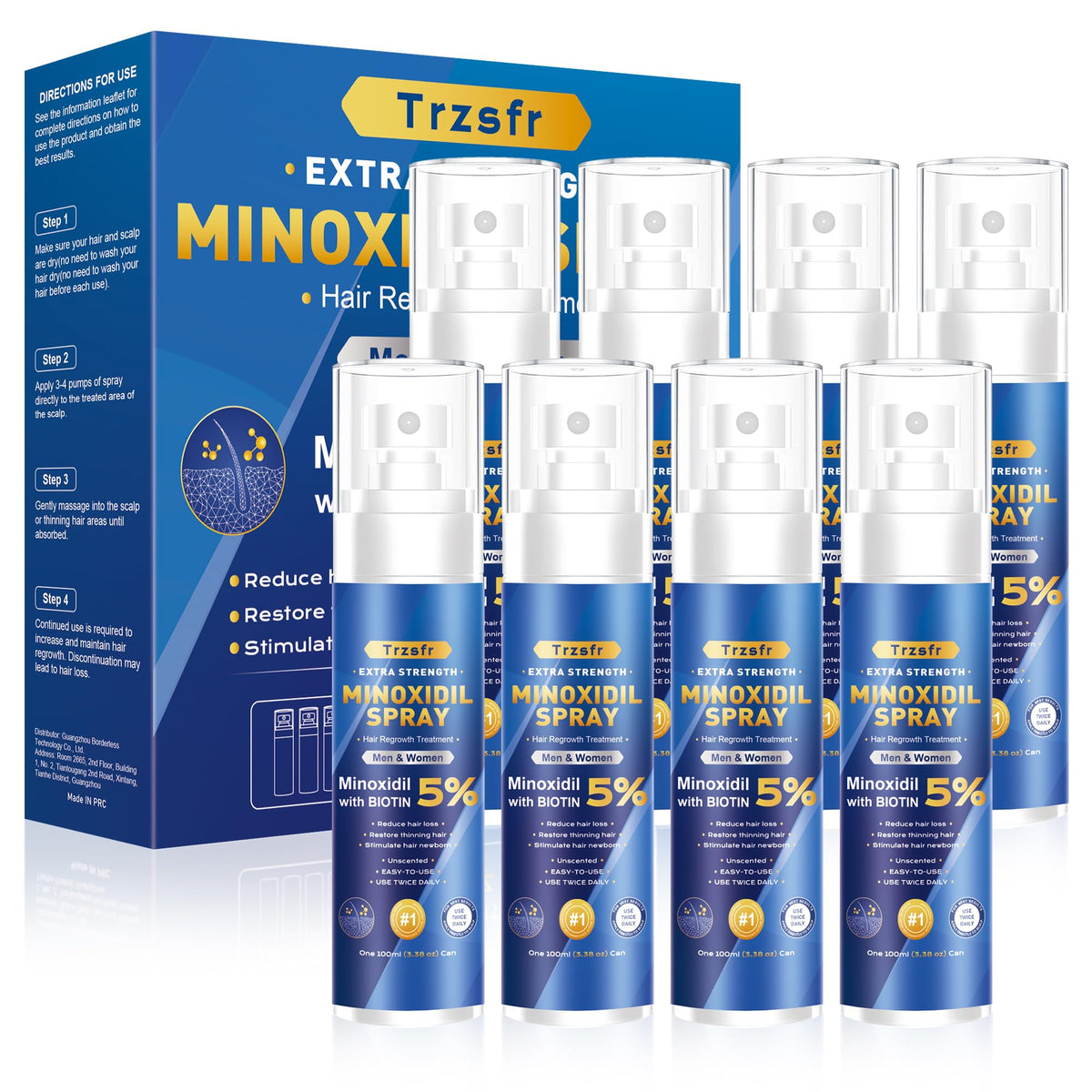 Flacon Trzsfr Minoxidil 5% pour stimulation de la pousse des cheveux.