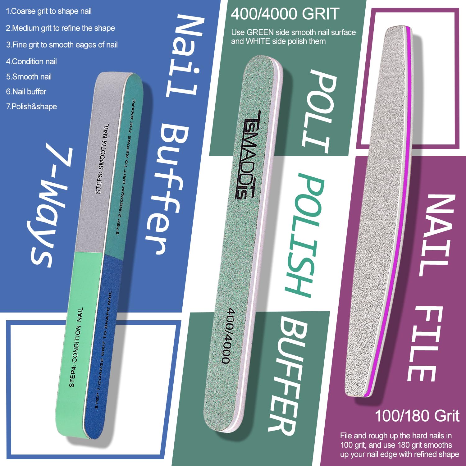TsMADDTs lime ongles 100/180: affûte les bords et affine la forme des ongles.