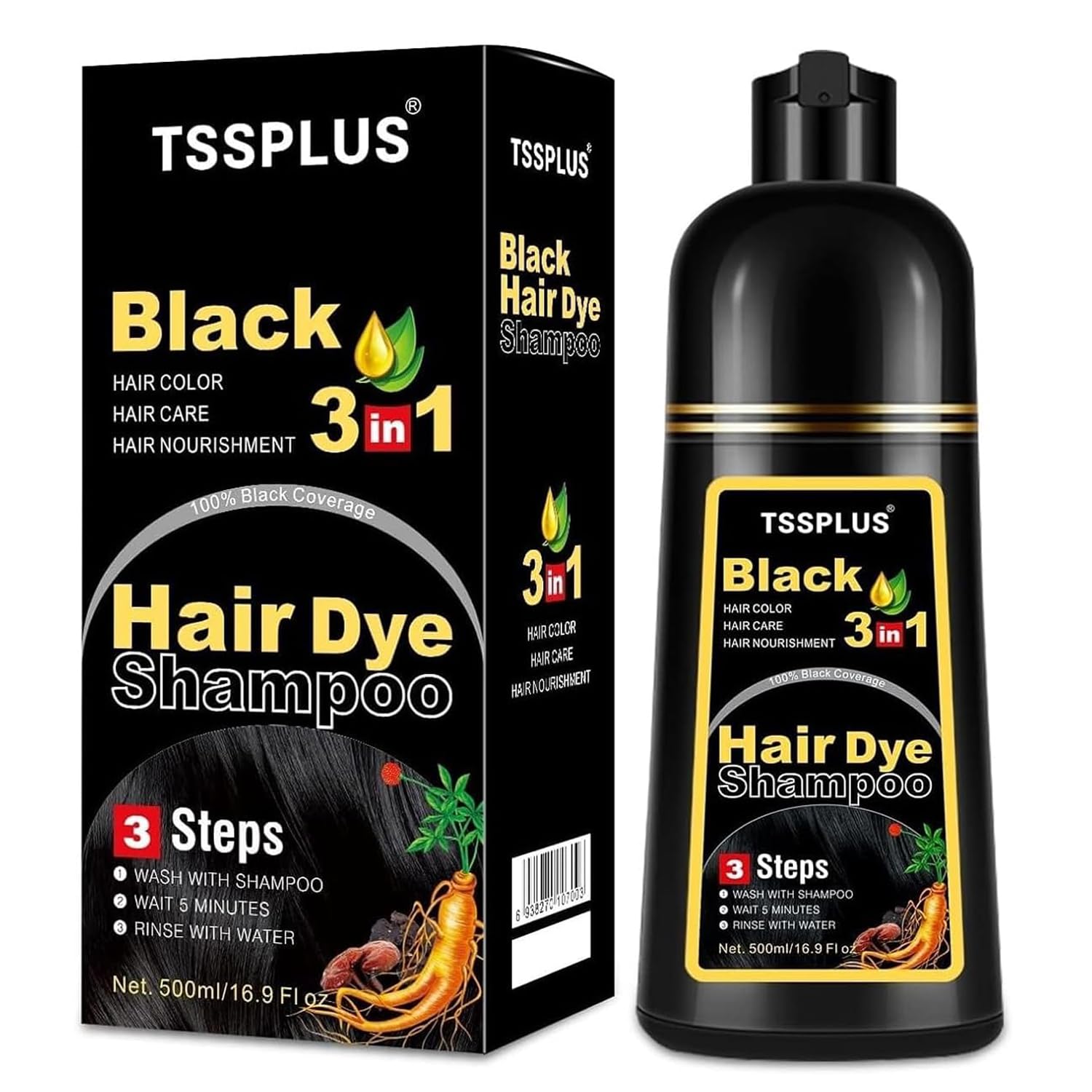 TSSPLUS shampooing coloration cheveux noirs : couleur naturelle prête en quelques minutes