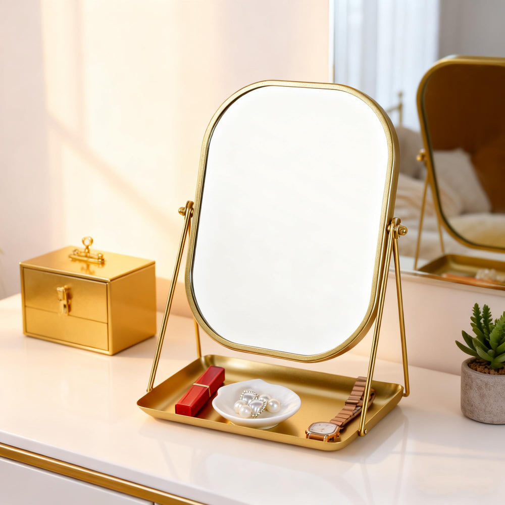 Miroir-coiffeuse Tstarer en métal doré, rangement intégré pour accessoires.