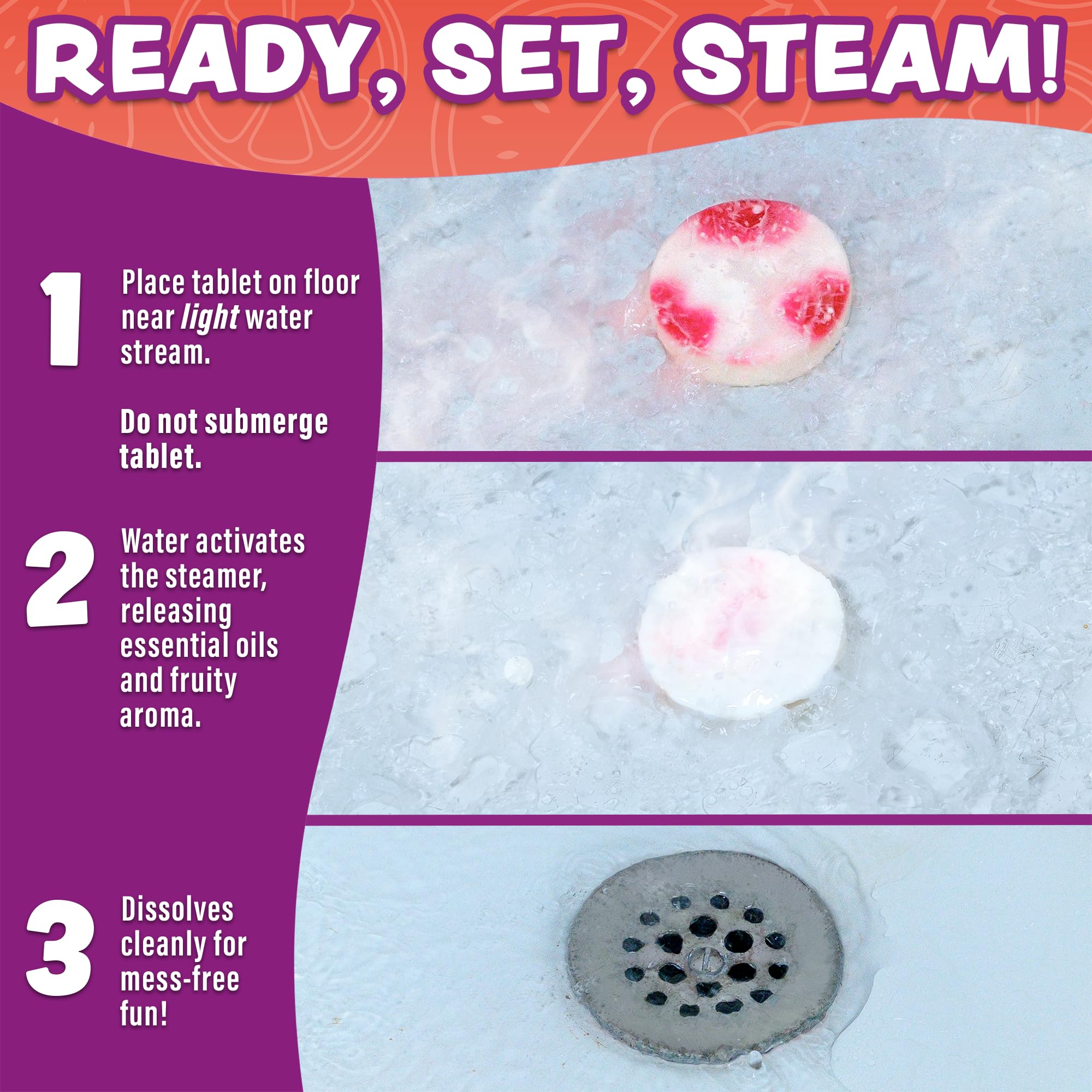 Tub Works Fruit Fusion shower steamer in use on the shower floor for slow release.
