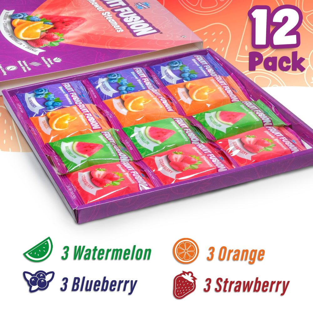 Tub Works Fruit Fusion variety 12-pack box showcases colorful morning shower rewards.