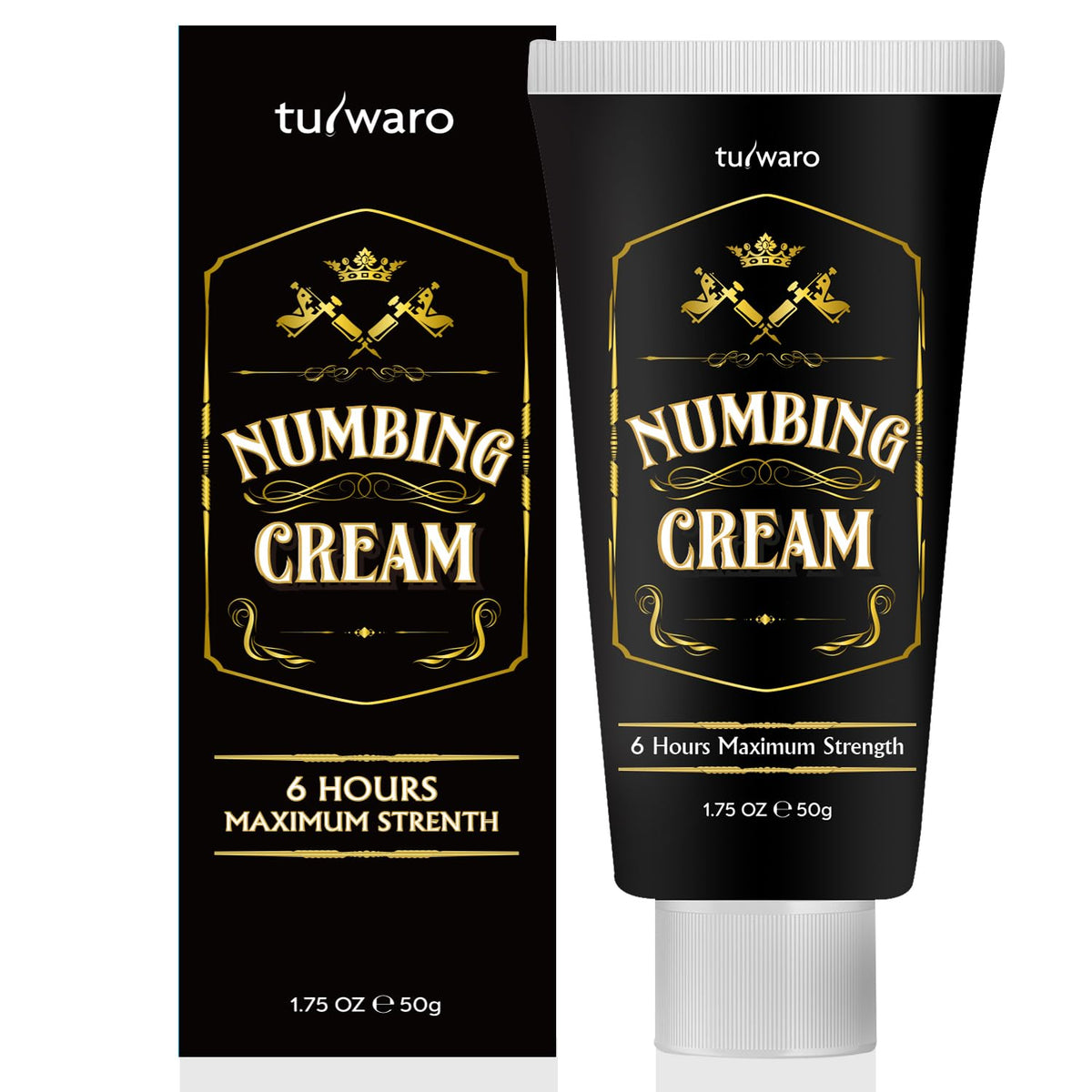 Tuiwaro Numbing Cream bottle close-up showing fast-acting relief for sessions