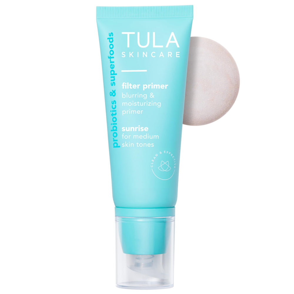 TULA Base apprêt visage Sunrise: emballage élégant et base légère prête à hydrater.