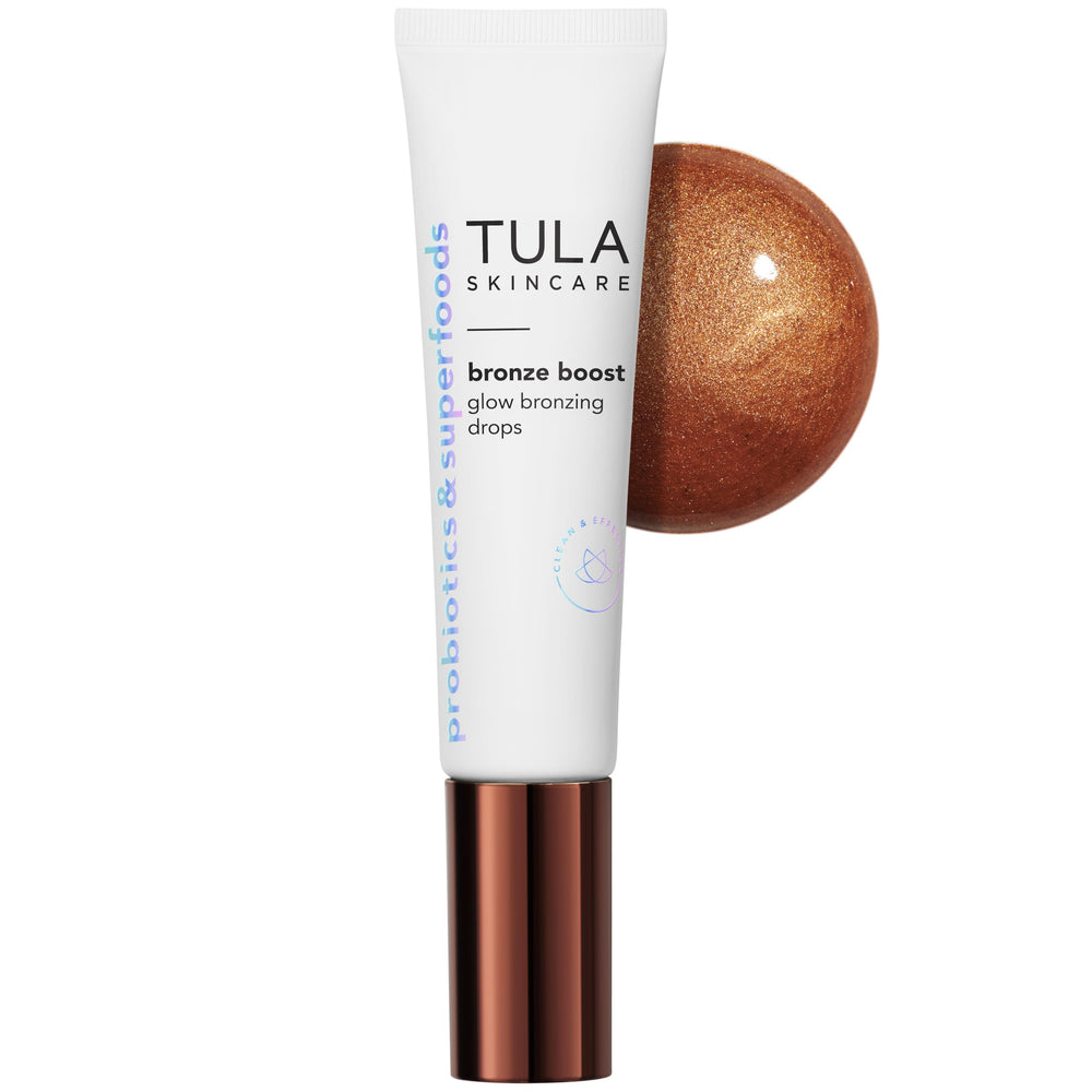 TULA Bronze Boost Glow gouttes visage : éclat naturel et hydratation légère.