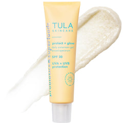 TULA Protect + Glow, bouteille solaire, protection légère et éclat naturel.