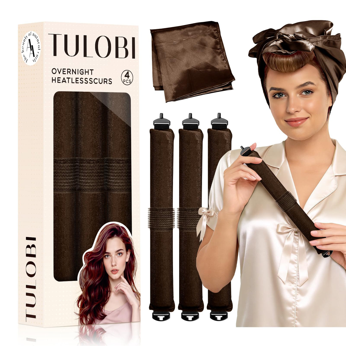 Emballage Tulobi: kit boucles sans chaleur prêt pour une nuit facile.