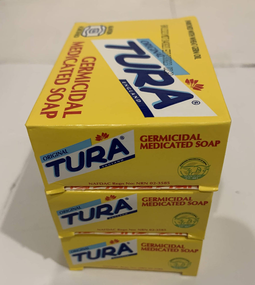 Tura Savon germicide medicamenteux, mousse riche pour une douche réconfortante.