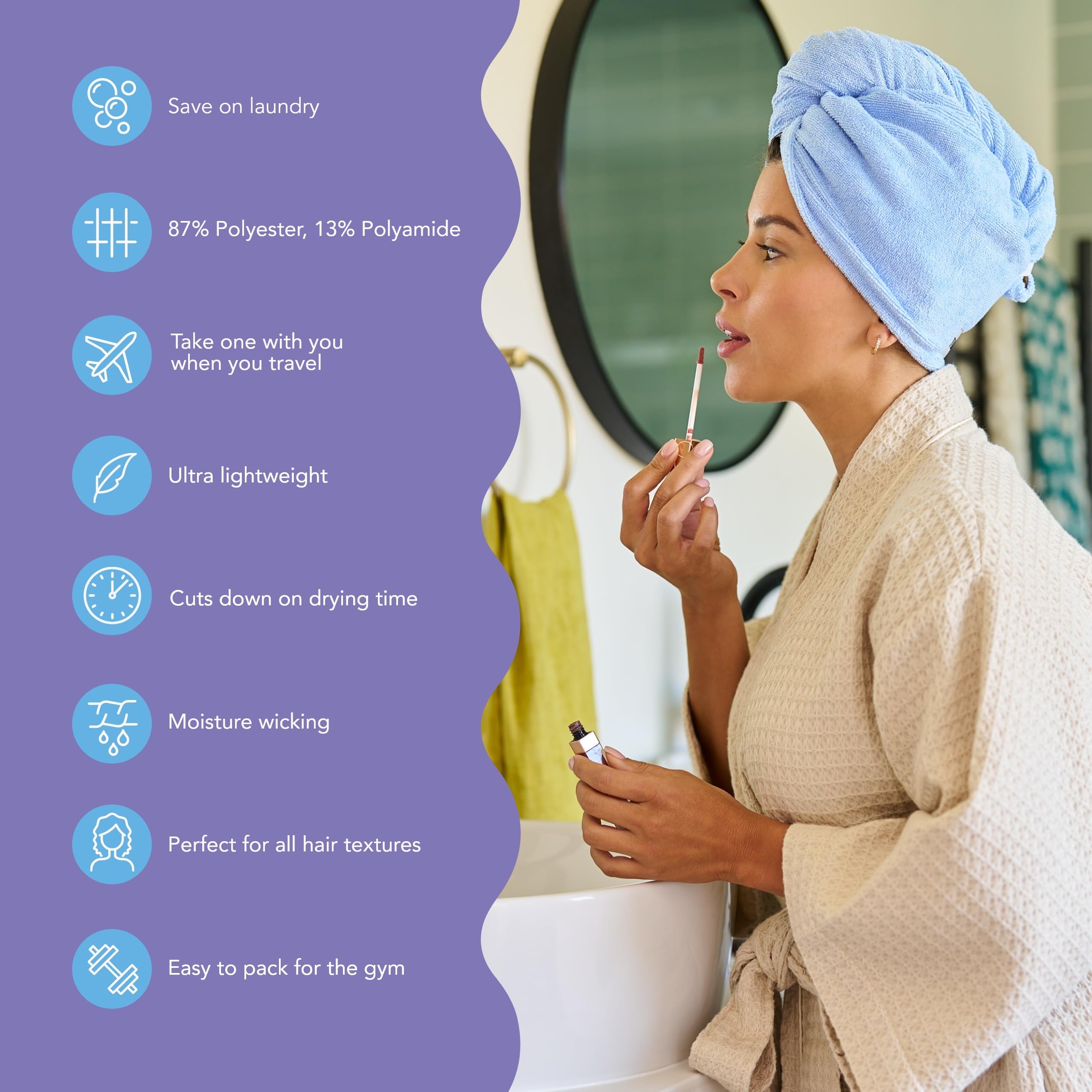 Turbie Twist : absorption élevée en microfibre, réduction du temps de séchage.