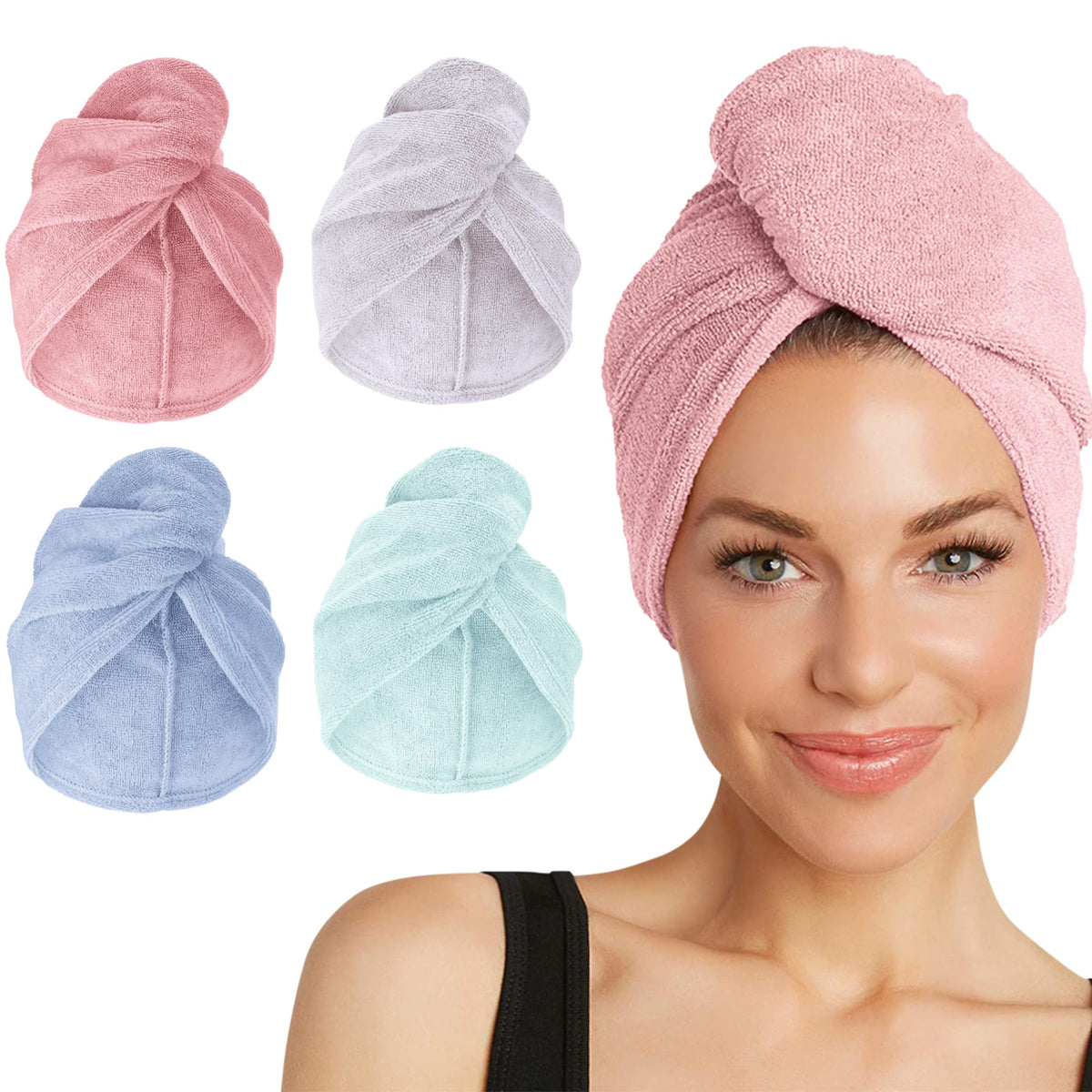 Turbie Twist: essuie-cheveux microfibre rose pour un séchage rapide et doux.