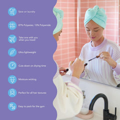 Turbie Twist: essuie-cheveux violet pour un soin anti-frisottis au quotidien.
