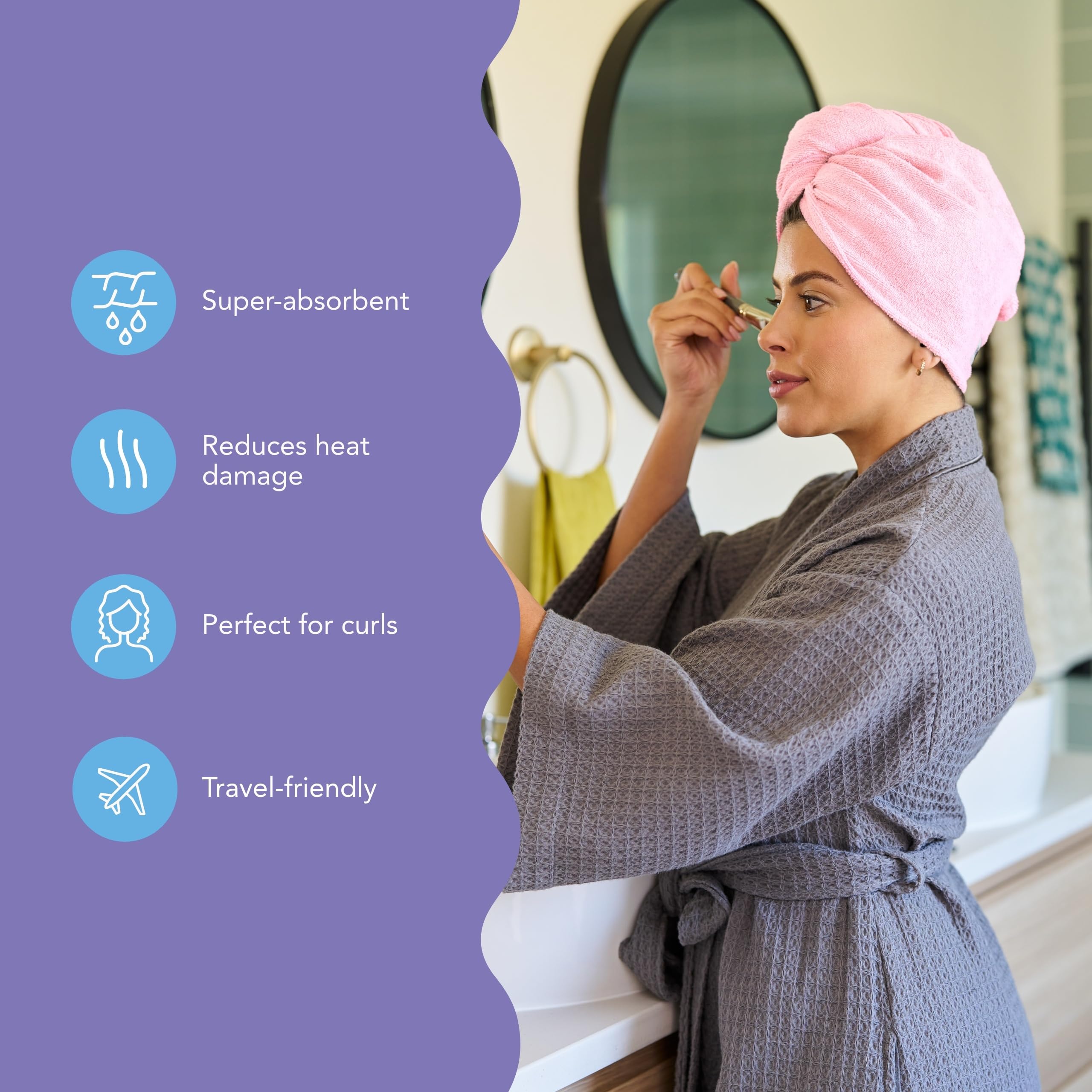 Turbie Twist serviette microfibre rose mer pour séchage efficace et pratique à domicile.