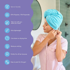 Turbie Twist turban cheveux microfibre anti-frizz bleu clair: enveloppe douce.