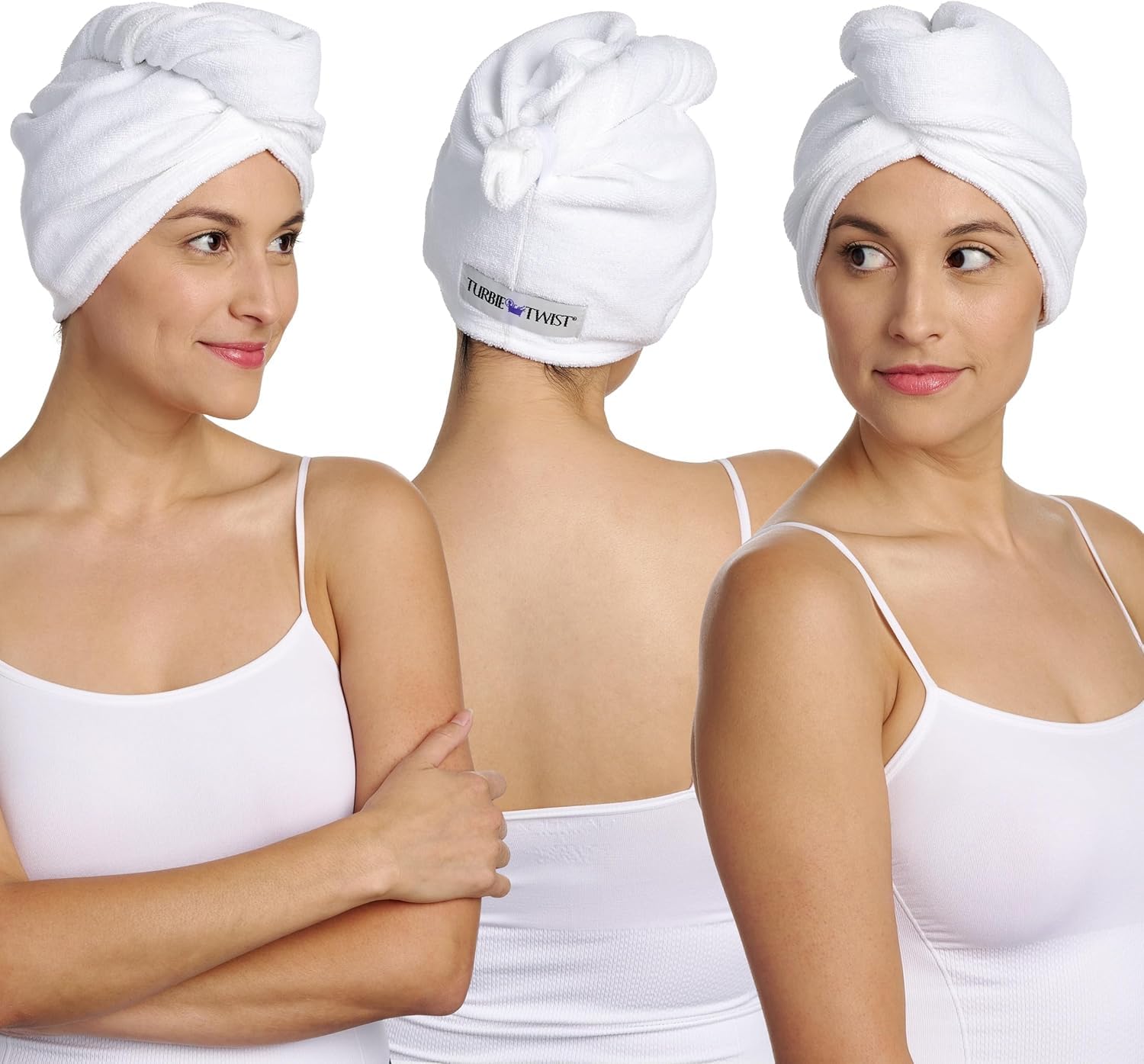 Turbie Twist wrap-cheveux coton pour séchage en douceur et rapide.