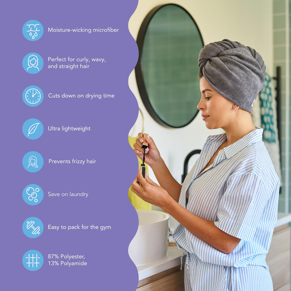 Turbie Twist wrap microfibre: enveloppe les cheveux et sèche rapidement.