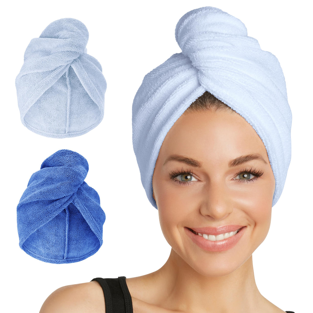 Turbie Twist pack deux serviettes microfibre bleu étincelant pour séchage rapide et doux.