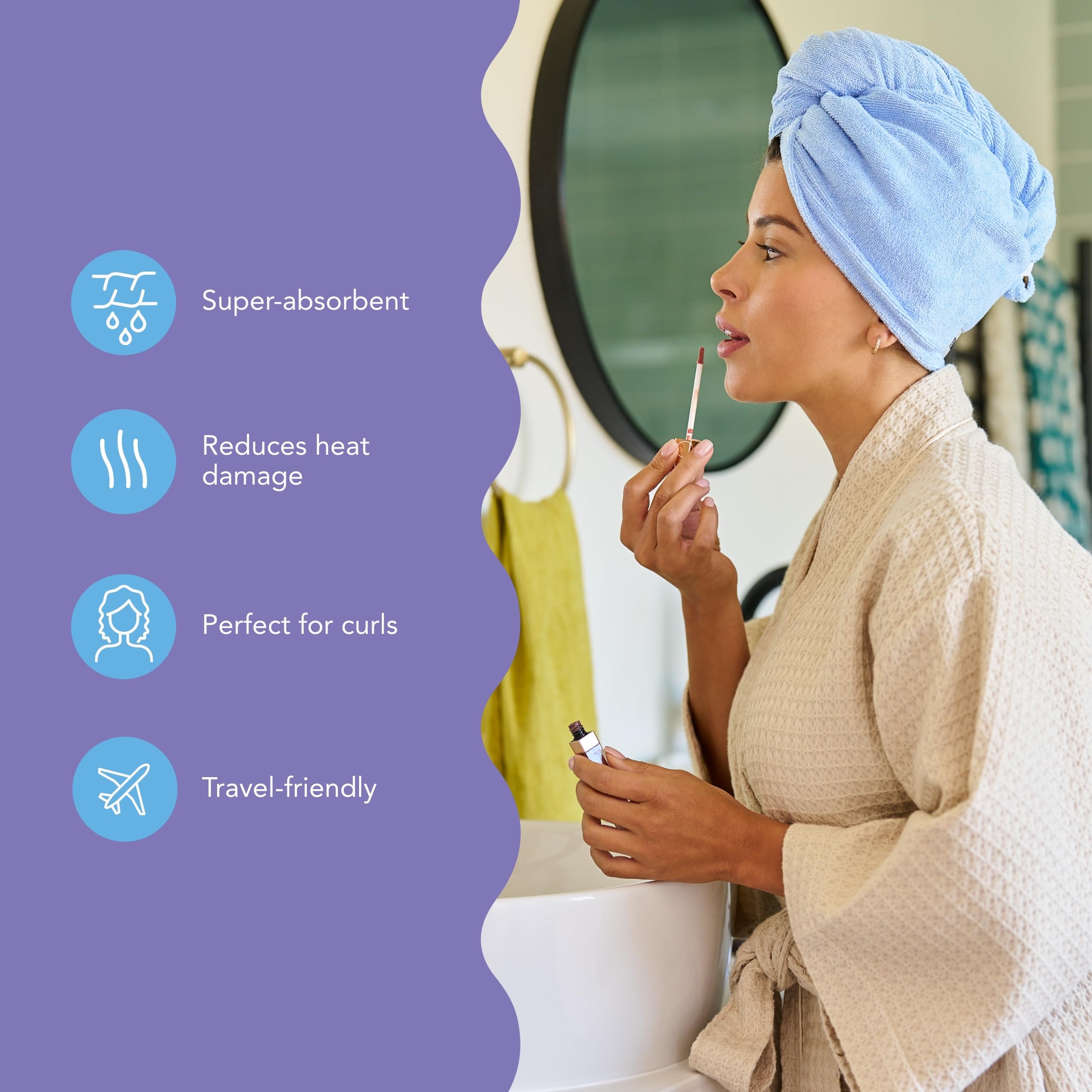 Turbie Twist turban cheveux microfibre anti-frisage pour lisser les mèches sans frottement sur bleu-vert.