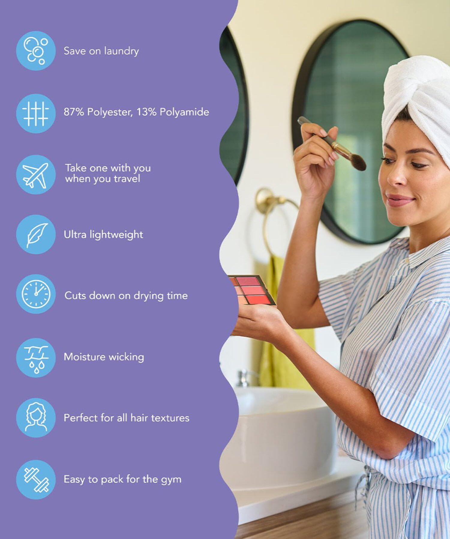 Turbie Twist towel with twist-loop system stays secure during wear