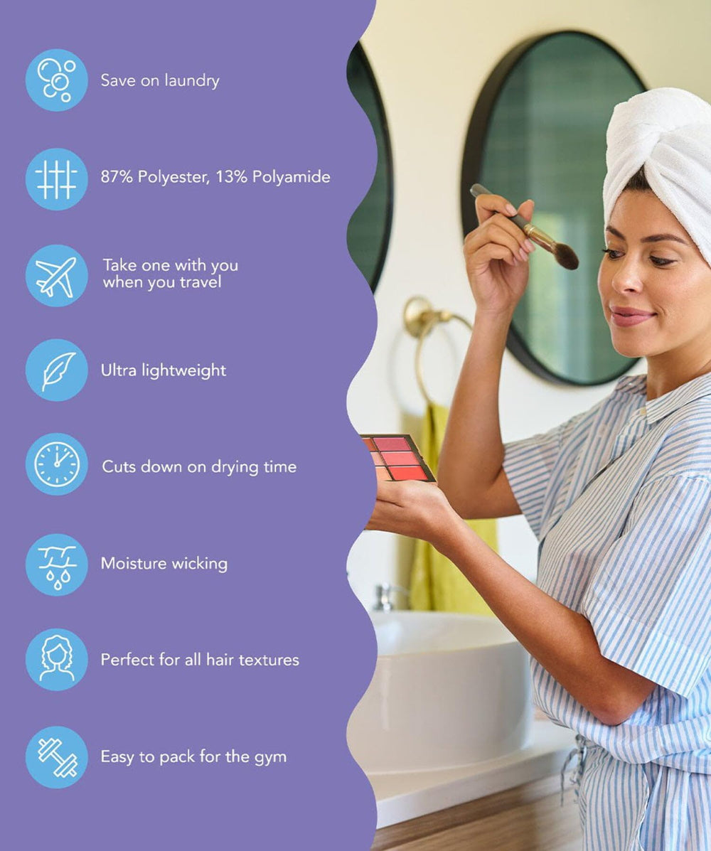 Turbie Twist towel with twist-loop system stays secure during wear
