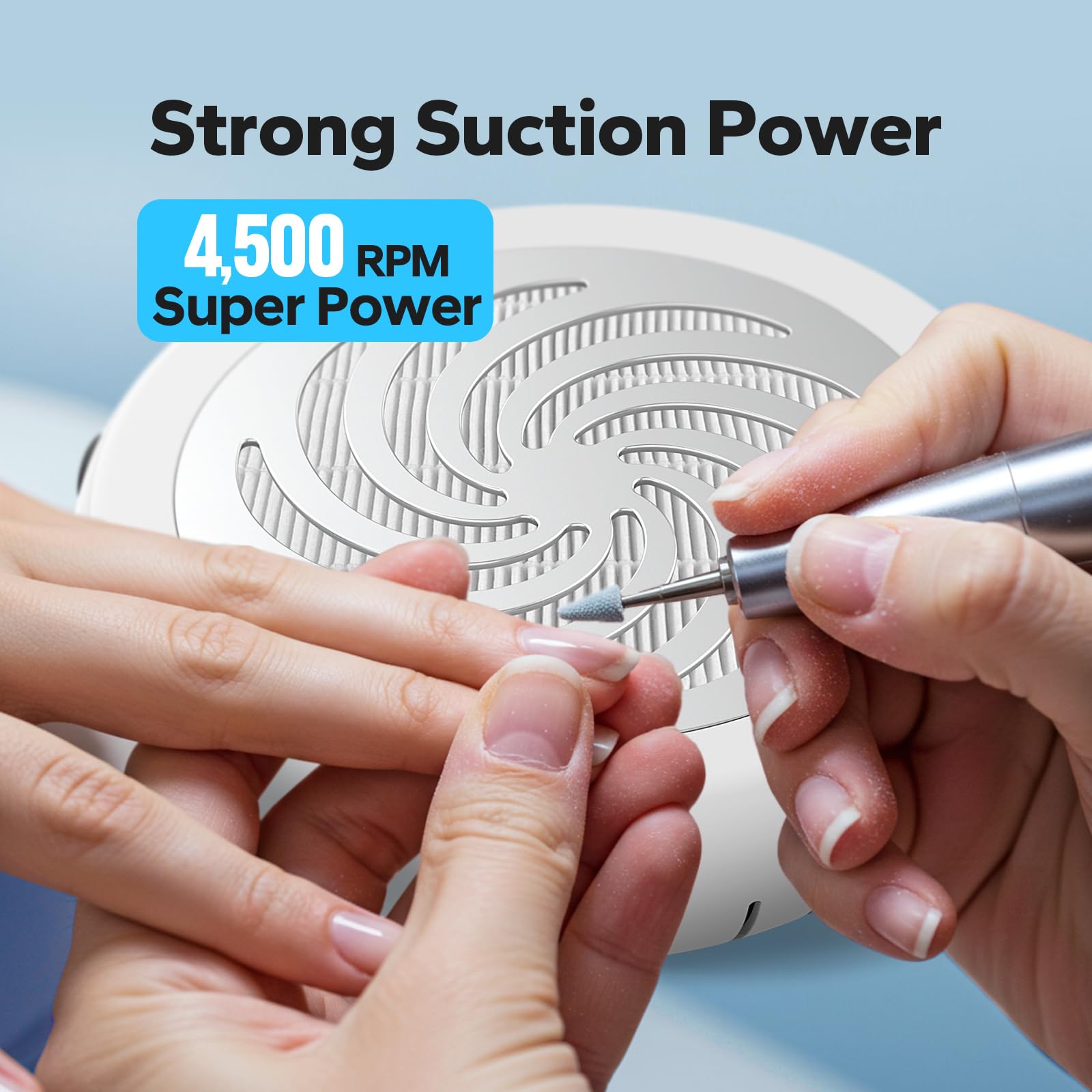 TurboTidy puissance-aspiration-360 capte les poussières d'ongles efficacement.
