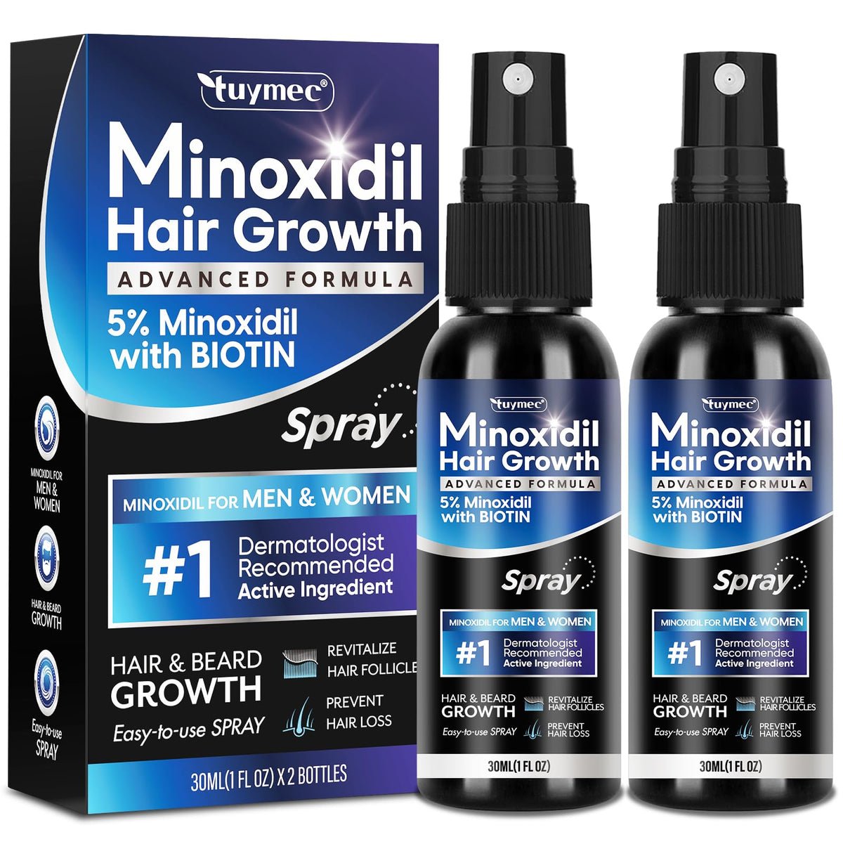 Tuymec Minoxidil 5% en flacon spray pour une application précise.