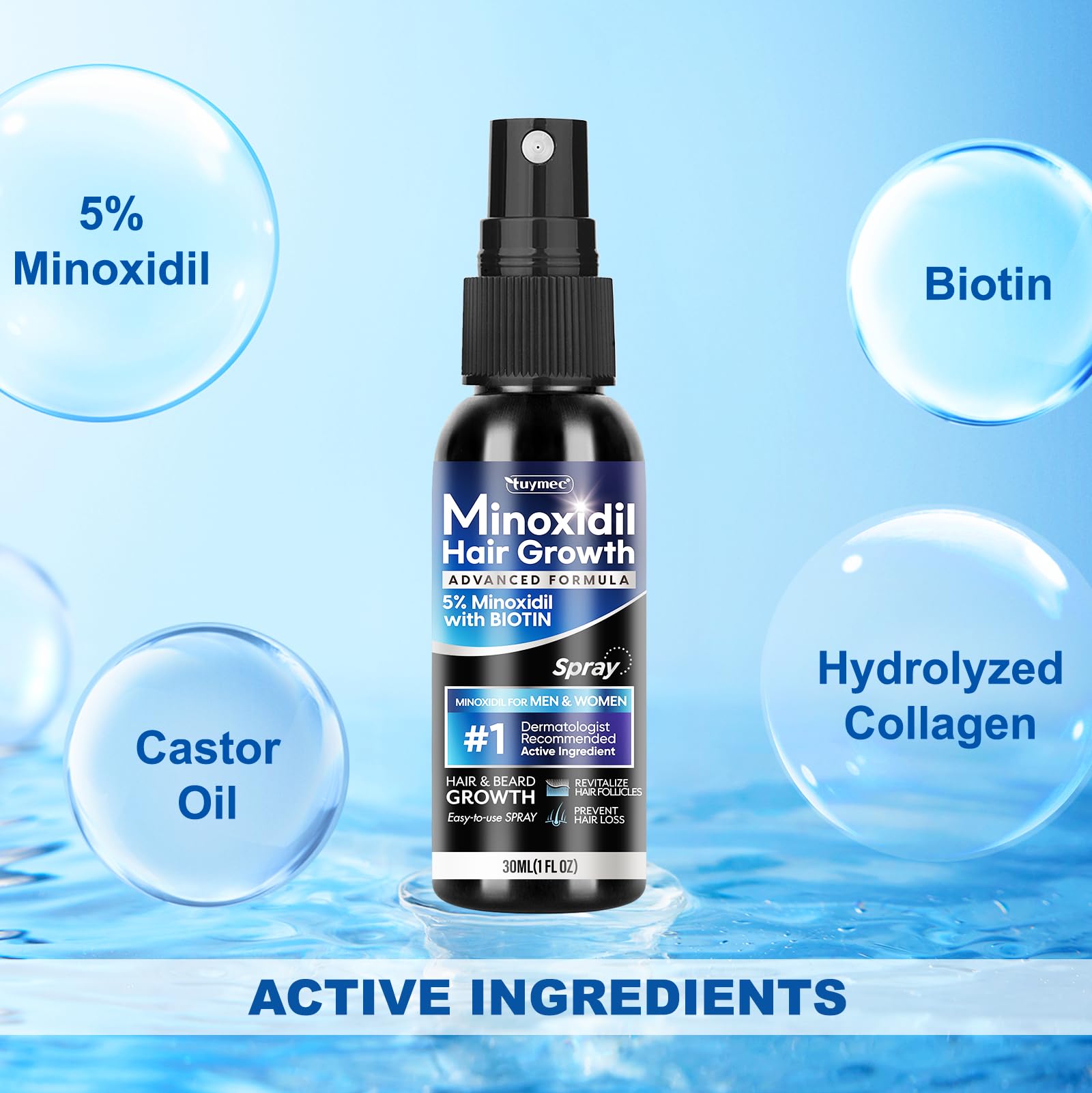 Goutte délivrée par la pompe Tuymec Minoxidil 5% pour une diffusion uniforme.