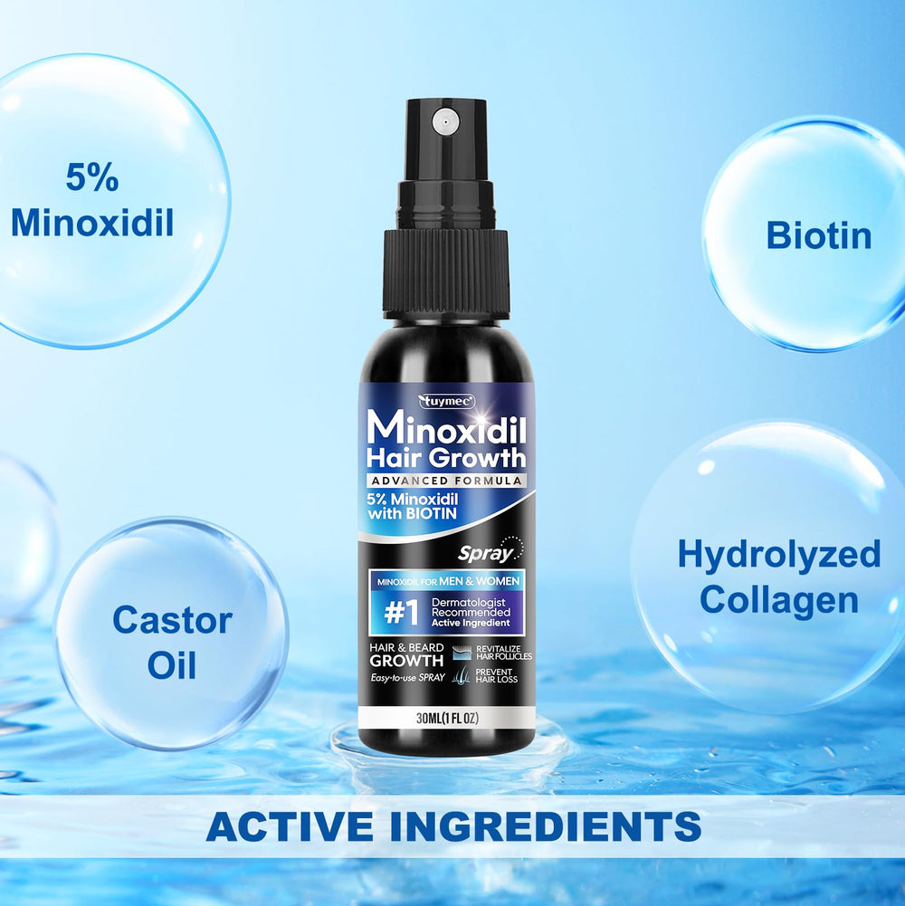 Goutte délivrée par la pompe Tuymec Minoxidil 5% pour une diffusion uniforme.