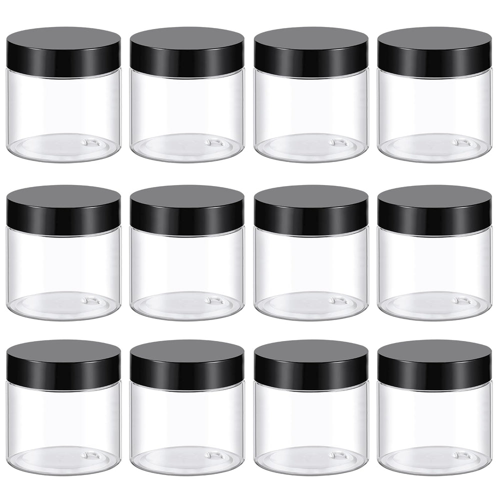 TUZAZO 2oz conteneur transparent avec bouchon noir, idéal pour échantillons et cosmétiques.