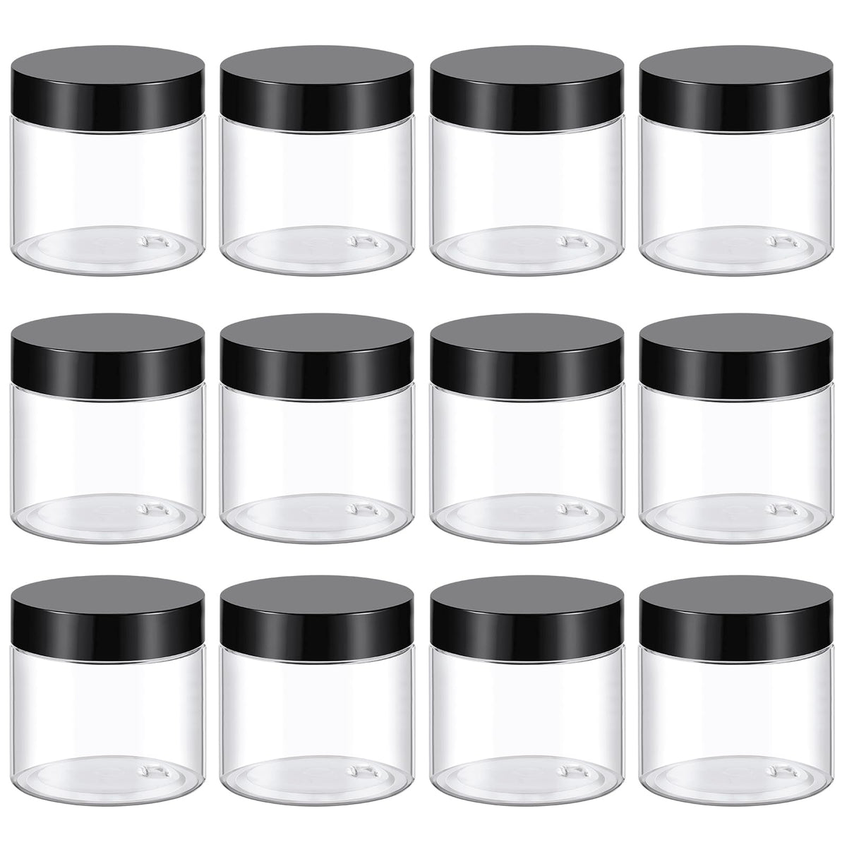 TUZAZO 2oz conteneur transparent avec bouchon noir, idéal pour échantillons et cosmétiques.