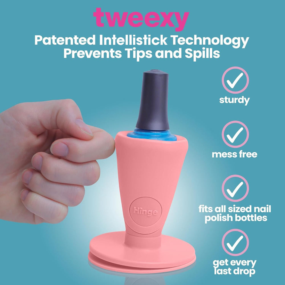 Tweexy Hinge présente une bouteille de vernis inclinée pour une application précise.
