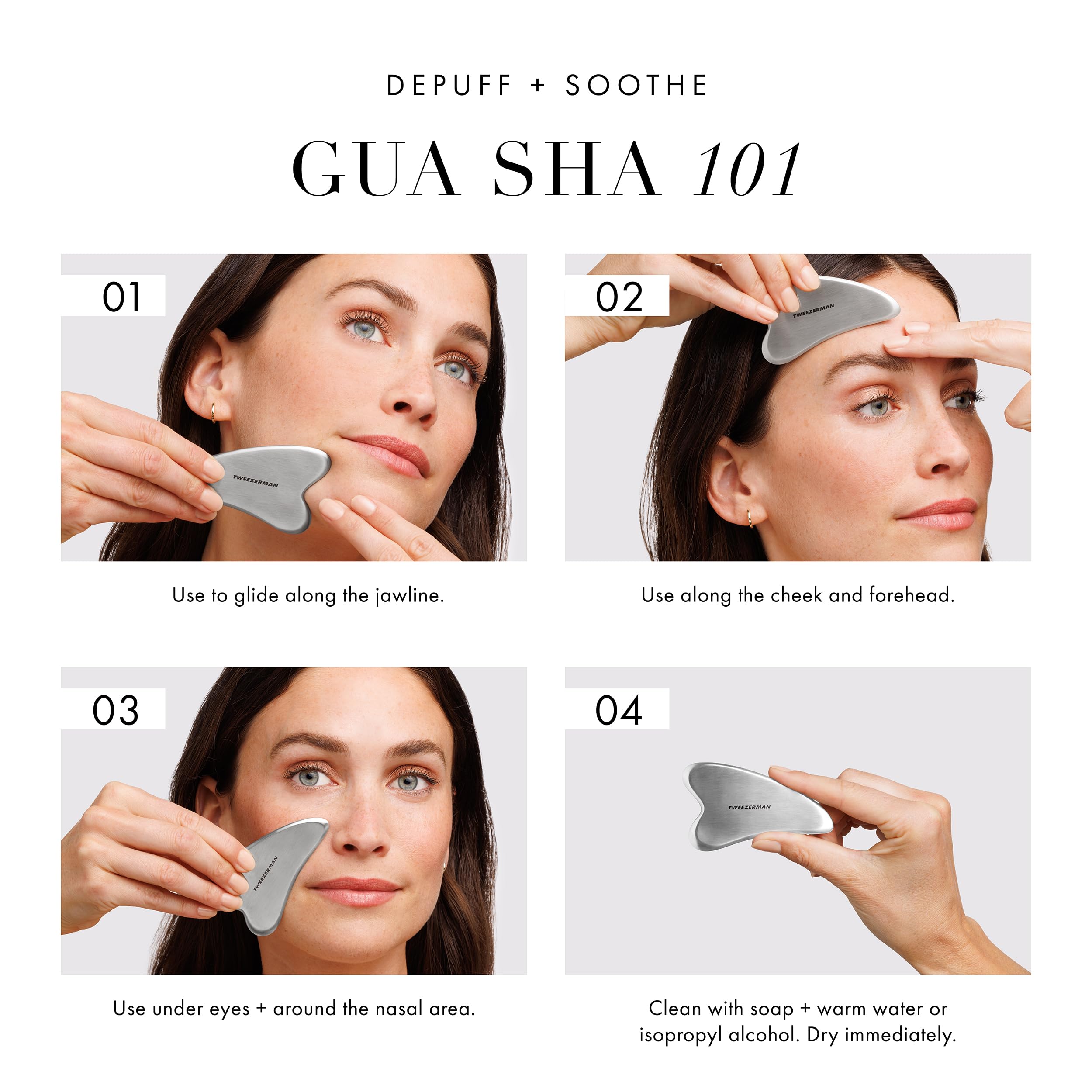 Nettoyage et désinfection faciles du Gua Sha Tweezerman après chaque utilisation.