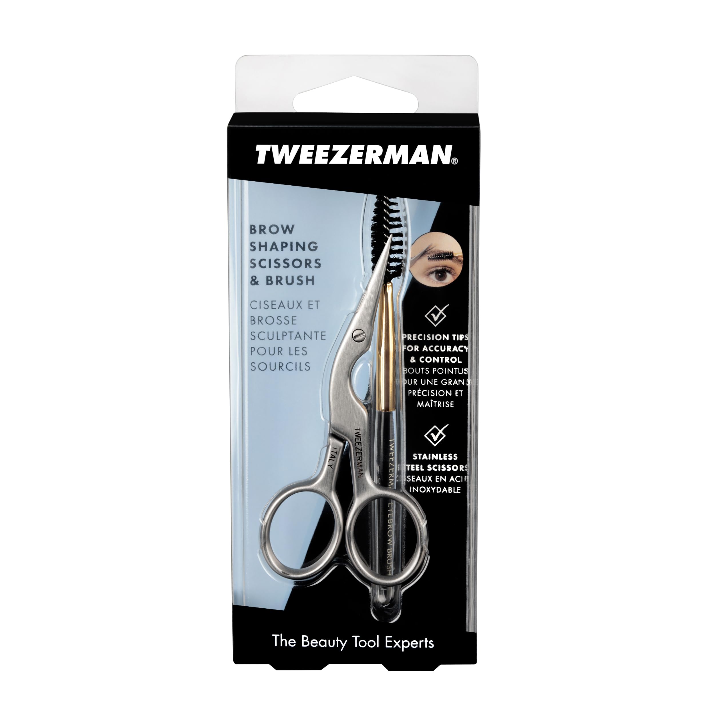 Tweezerman nettoyage facile des ciseaux et de la brosse pour une hygiène rapide.