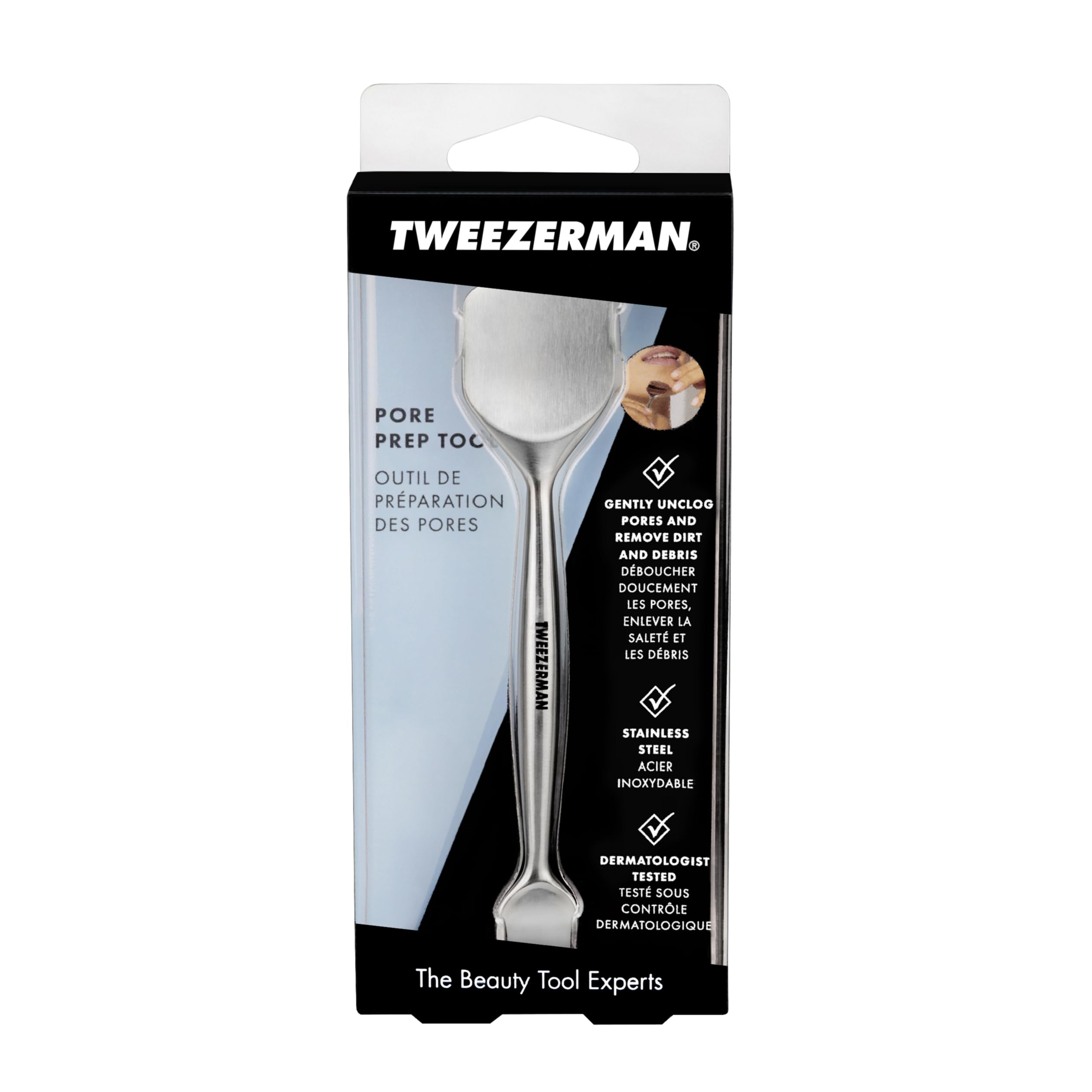 Tweezerman Outil de préparation des pores – avant-après: démonstration de pores plus nets après utilisation.