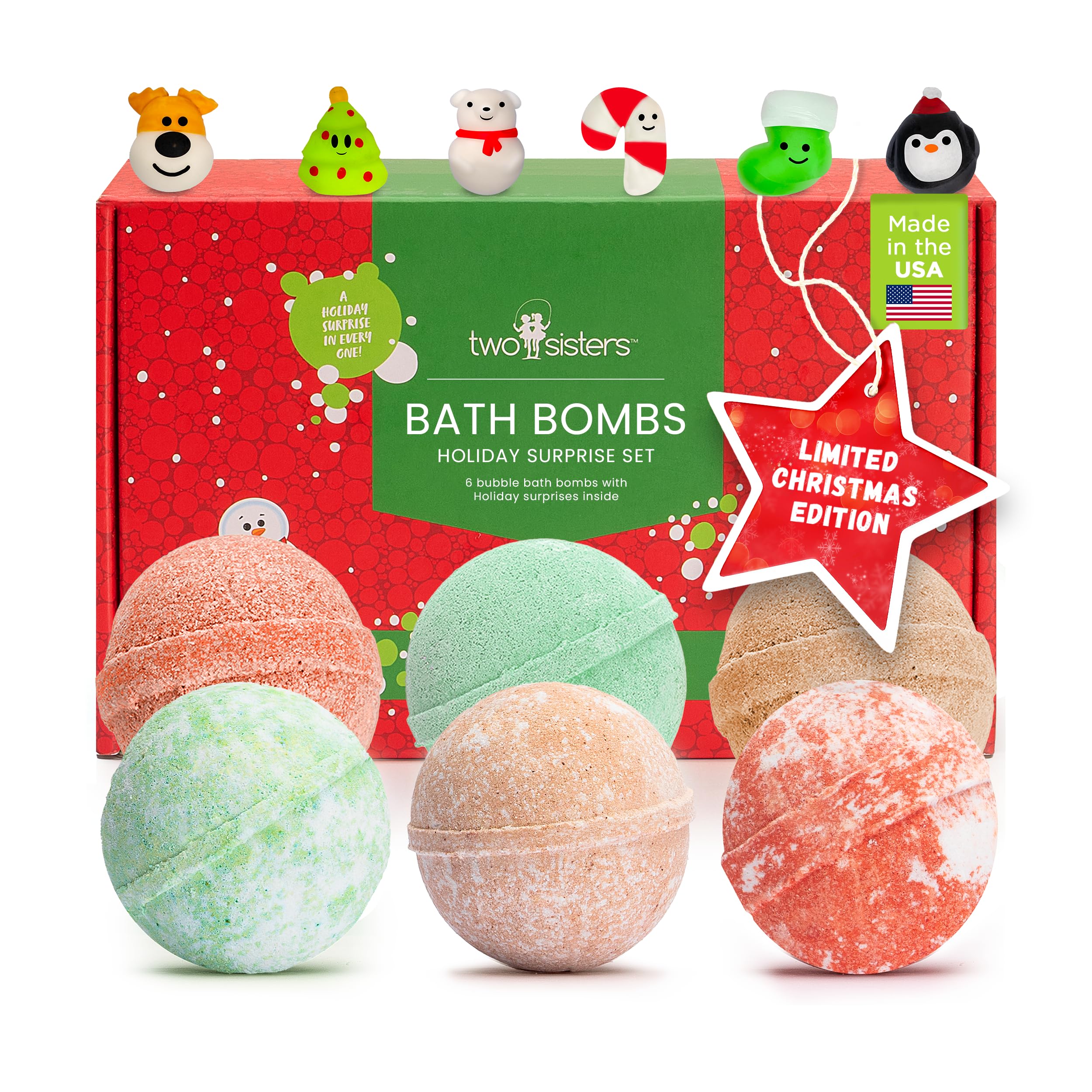 Two Sisters Christmas bath bomb with a surprise toy inside for festive bath time.
